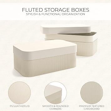 Decorative Storage Boxes with Lids - Set of 2 Fluted Photo Organizer Bins