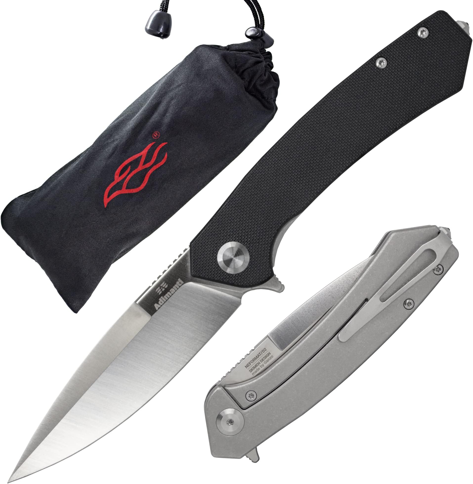 GANZO Adimanti Skimen Pocket Folding Knife G10 Handle with Clip and Glass Breaker D2 Steel Blade Hunting Fishing Camping Outdoor EDC Knife (Black)
