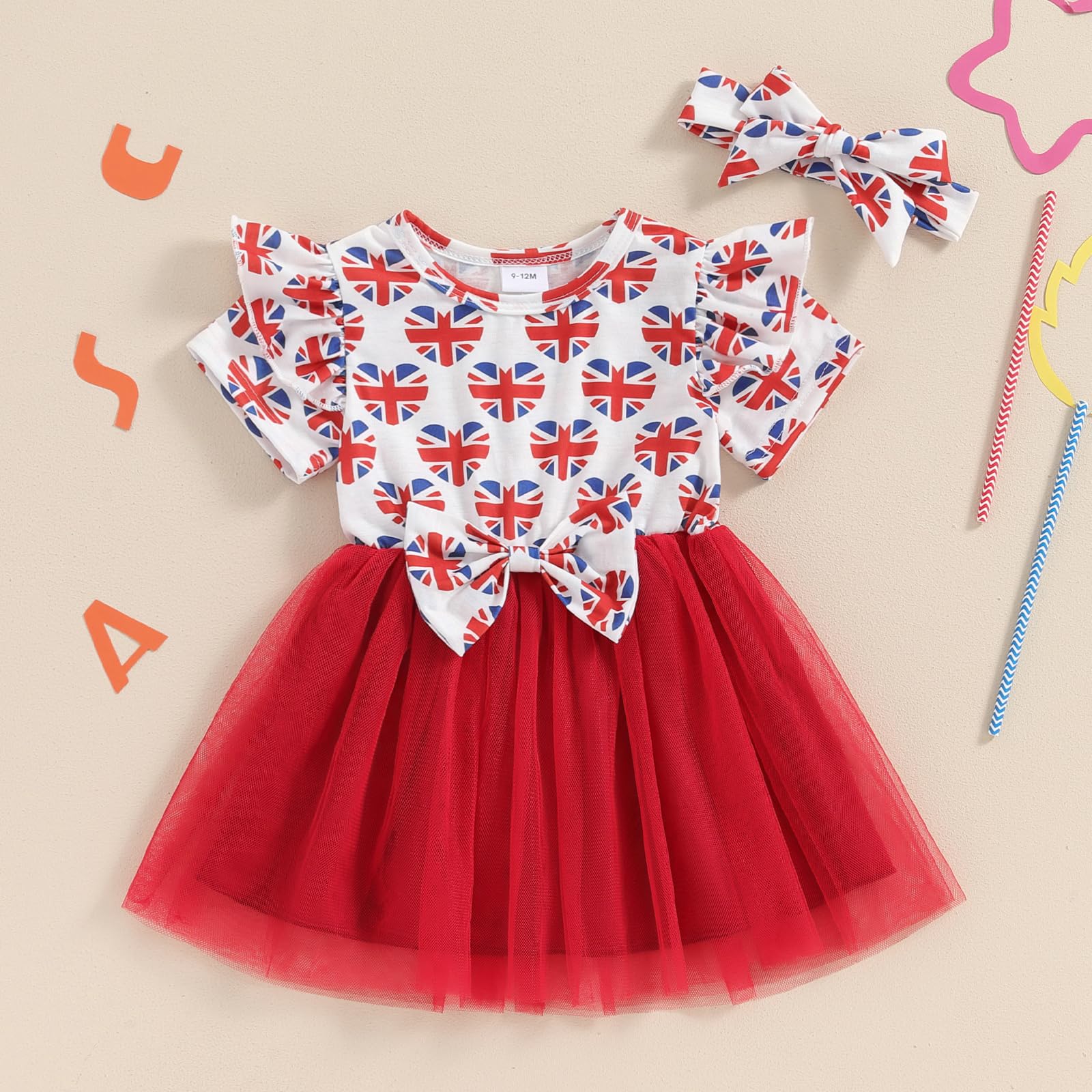 Rtnnsbbfcm Toddler Baby Girl 4th of July Ruffle Short Sleeve Stars and Stripes Print Tulle Tutu Dress Headband 2Pcs Set (2-3T,Red Heart)