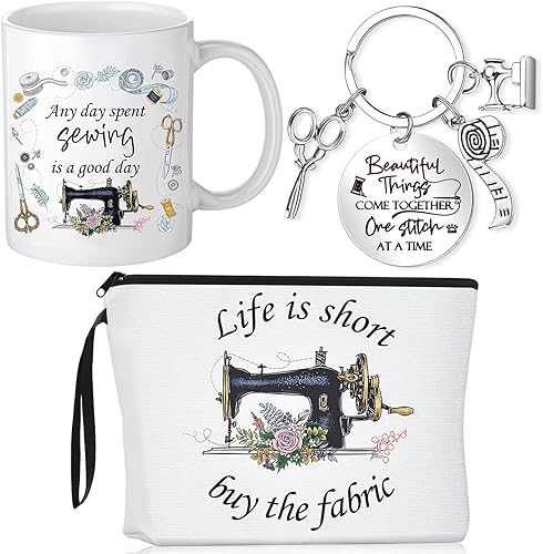 3 piezas de regalos de costura, bolsa de maquillaje divertida, bolsa de cosméticos para colchas, taza de café, taza de 11 onzas y llavero de