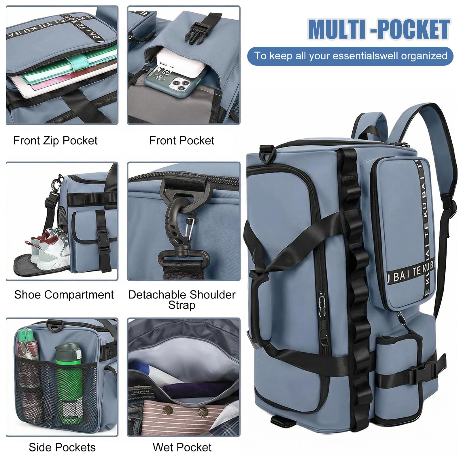 Bolsa de deporte de viaje para hombre y mujer, grande, 65 L, con compartimento para zapatos y compartimento húmedo, gran capacidad, bolsa de viaje, bolsa de natación, bolsa de dormir (azul) - 3