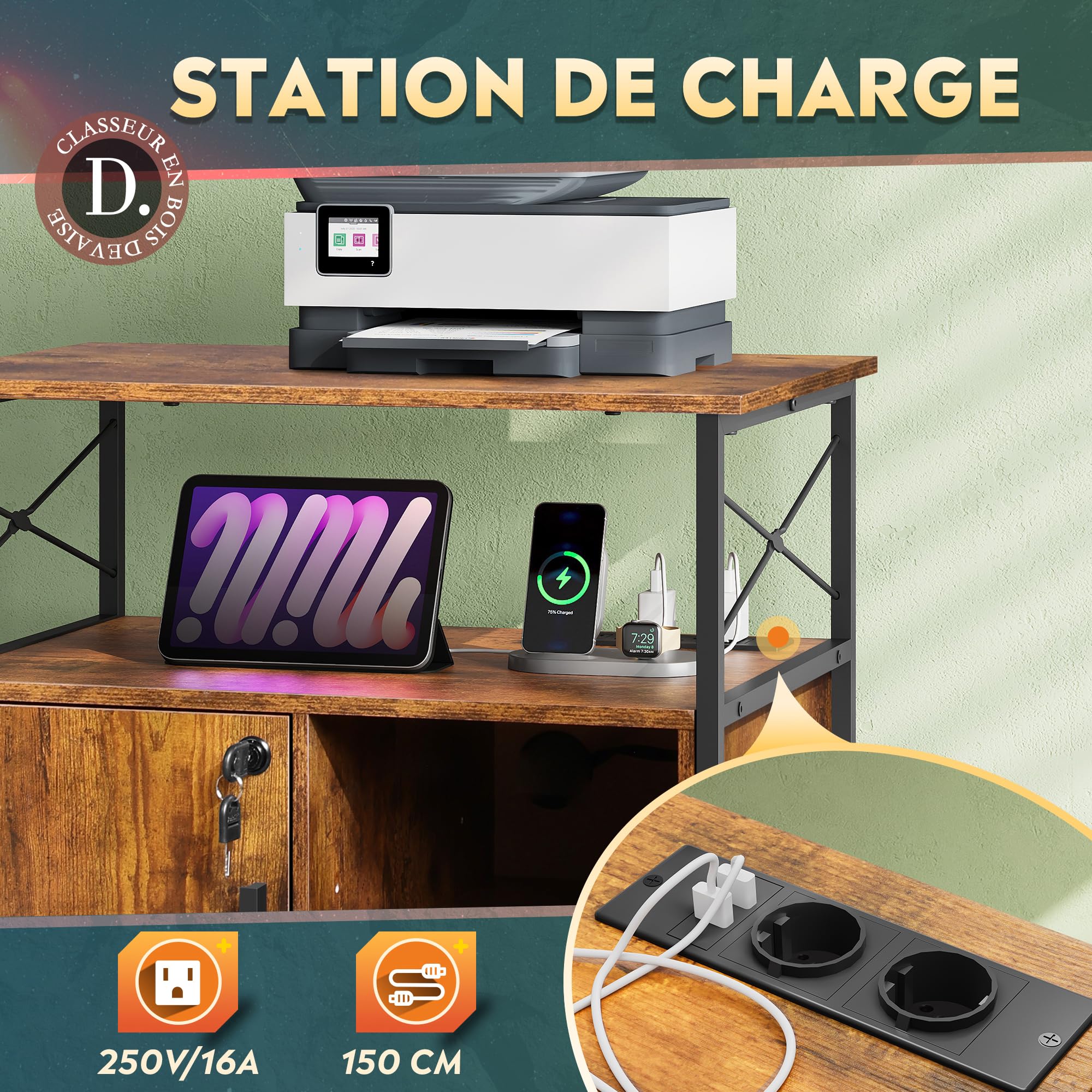 DEVAISE Caisson Bureau Mobile avec Station de Recharge - Meuble Imprimante Verrouillable à roulettes pour Bureau Domicile - Rangement A4, Étagères Réglables,Brun Bois