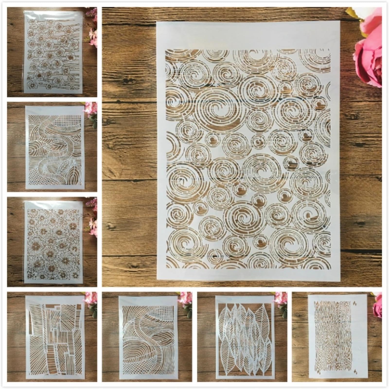 Stencil riutilizzabili per pittura, 8 pezzi, formato A4, 29 cm, a rete cava ondulata, con foglie ondulate, stencil per dipingere su legno, pareti, porte, tela, decorazioni per la casa