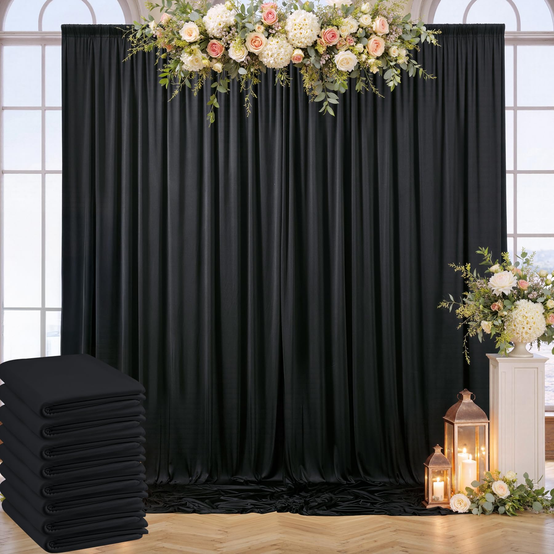 40ft x 10ft Wrinkle Free Black Backdrop Curtain for Parties, 8 Panels Silky Polyester Black Wedding Drapes for Backdrop 10 ft Photo Back Drop Cloth