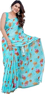MIRCHI FASHIONWomen's Chiffon Leaf Printed Saree with Blouse Piece (43701-Peach Pink, Orange, Green)