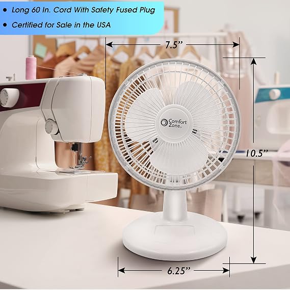 Comfort Zone CZ6D 6 Quiet Portable Indoor 2-Speed Desk Fan with Clip y Adjustable Tilt in White