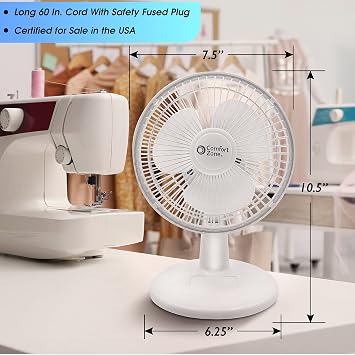 Comfort Zone CZ6D 6 Quiet Portable Indoor 2-Speed Desk Fan with Clip y Adjustable Tilt in White
