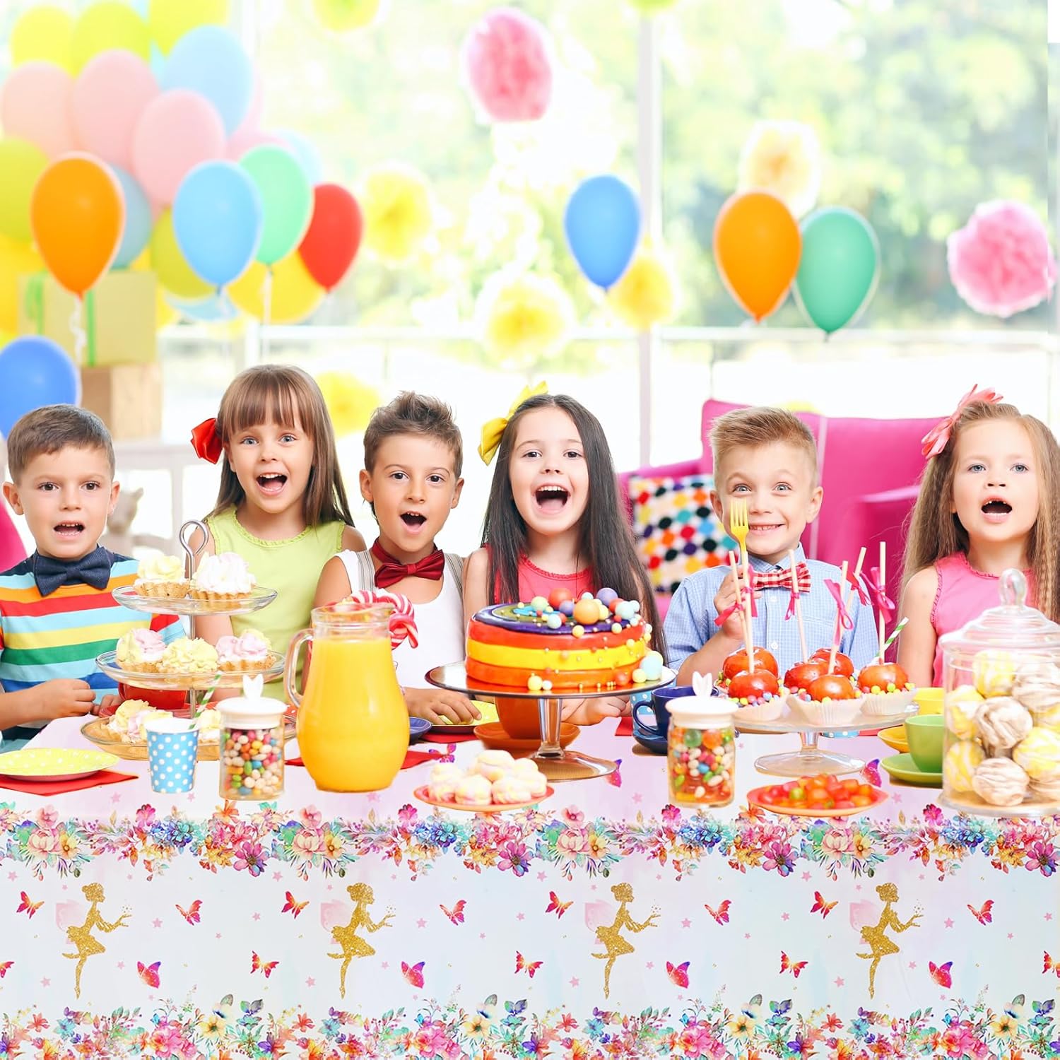 PHOGARY Fairy Table Cloth, 3 Pcs Plastic Butterfly Tablecloth Spring Floral Tablecover Forest Fairy Tablecloth Disposable Pink Ballet Tablecloths, Birthday Garden Party Decorations for Girls