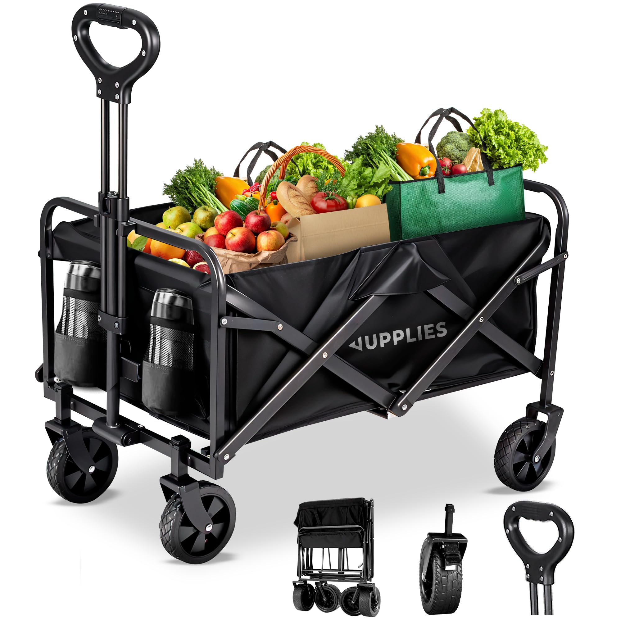 JUPPLIES Carro Plegable con Ruedas Grandes – Carro Playa, Jardín y Supermercado | Carrito Transporte Plegable Todoterreno, Asa Telescópica, Tela Resistente e Impermeable 75KG - S (72.5x42x47.5cm)