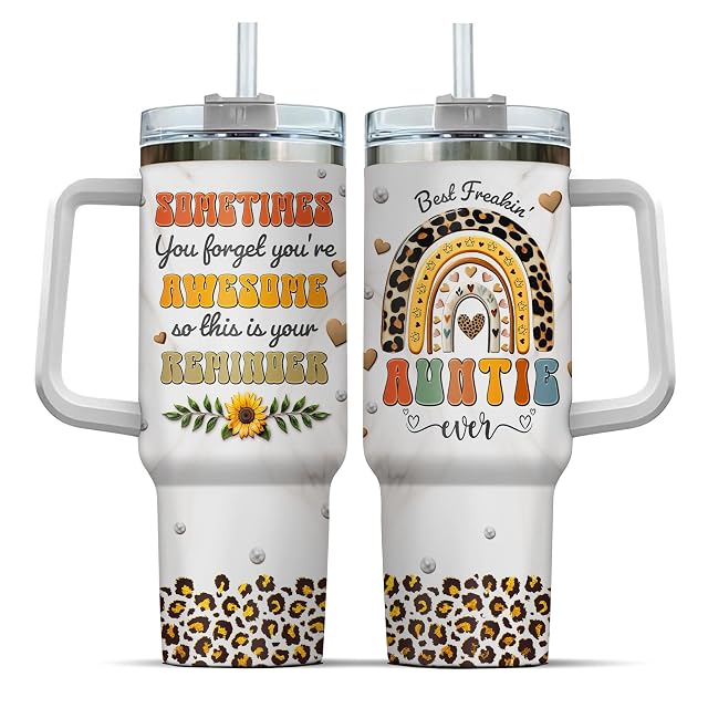 99WHALE Tumbler 40 Oz With Handle Lid And Straw Auntie Rainbow Leopard Rainbow Travel Coffee Mug Cup Aunt