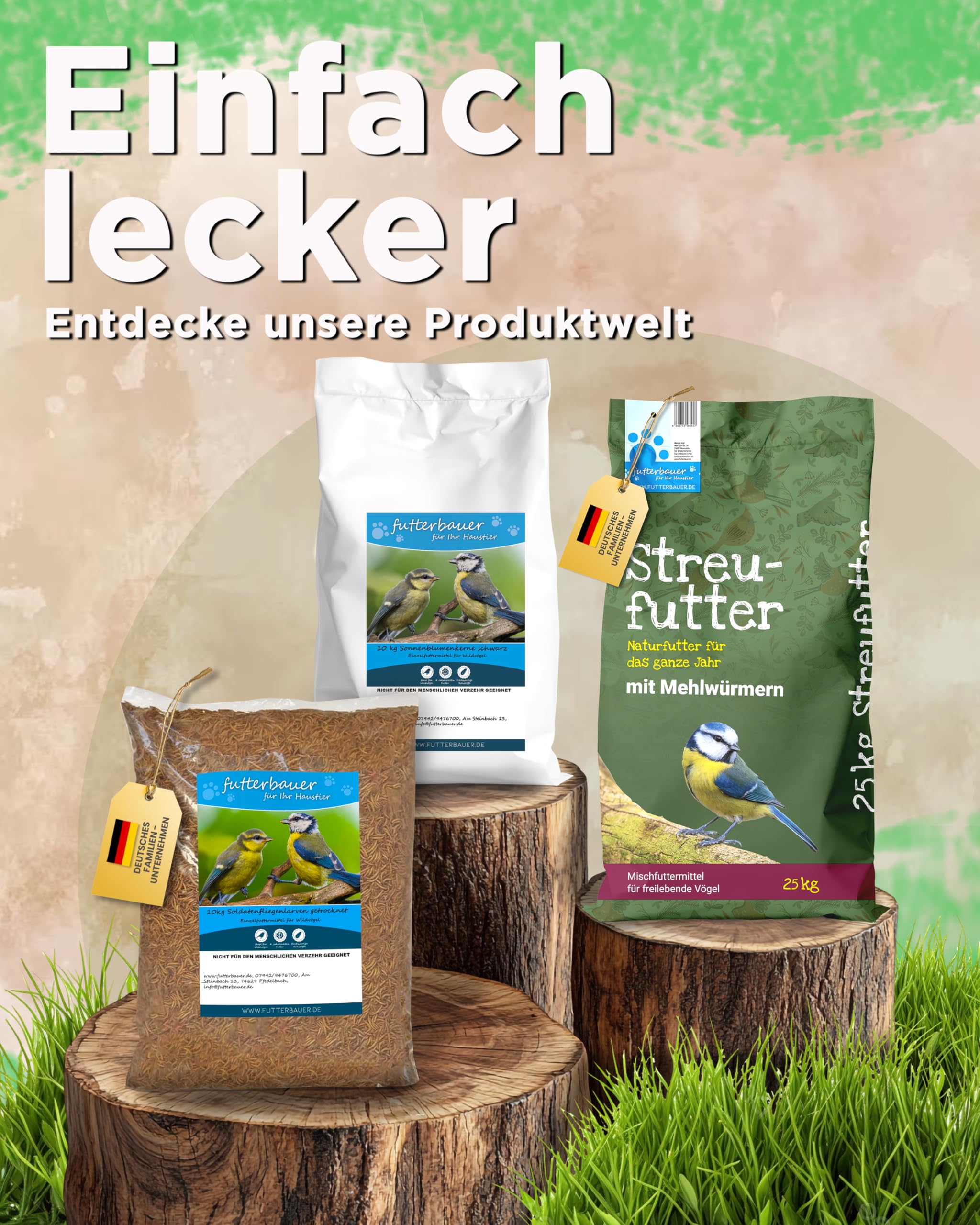 Futterbauer 25kg SCHALENLOSES Streufutter !MIT MEHLWÜRMERN! Vogelfutter Ganzjahresvogelfutter