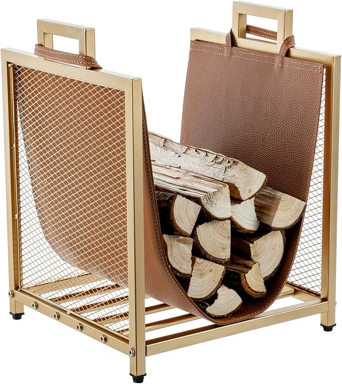 MyGift Modern Gold Tone Metal Firewood Stand with Brown Leatherette Wood Holder Sling, Wire Mesh Design and Top Carrying Handles, Compact Log Splits Kindling Storage Rack