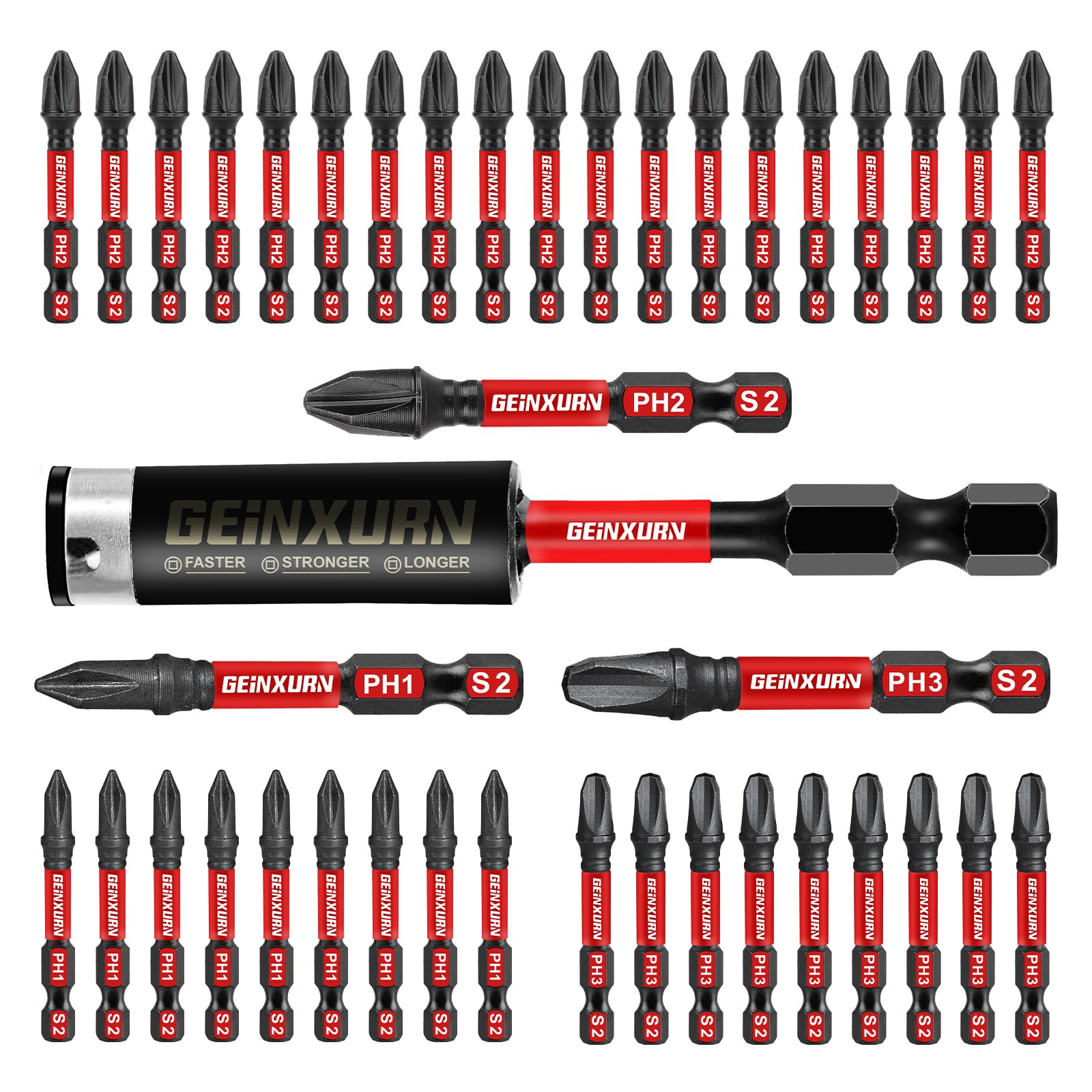 Geinxurn Juego de puntas de destornillador magnéticas antideslizantes hexagonales resistentes a impactos de 2 pulgadas. PH1/PH2/PH3 brocas de destornillador de inserción, paquete de 40 puntas de