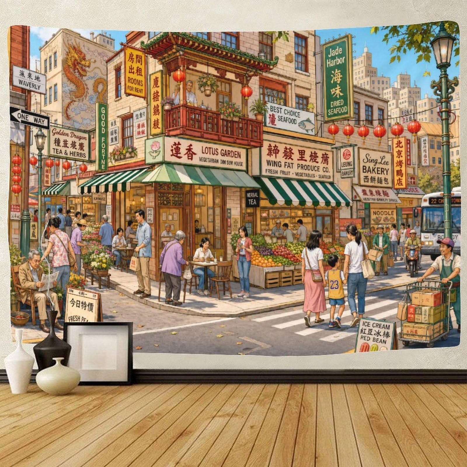 GPMNBCXZK Vintage Chinatown Street Wall Tapestry Wall Hanging Decor 3D Print Tapestries Poster Home Decoration Bedroom College Dorm 130cmx150cm