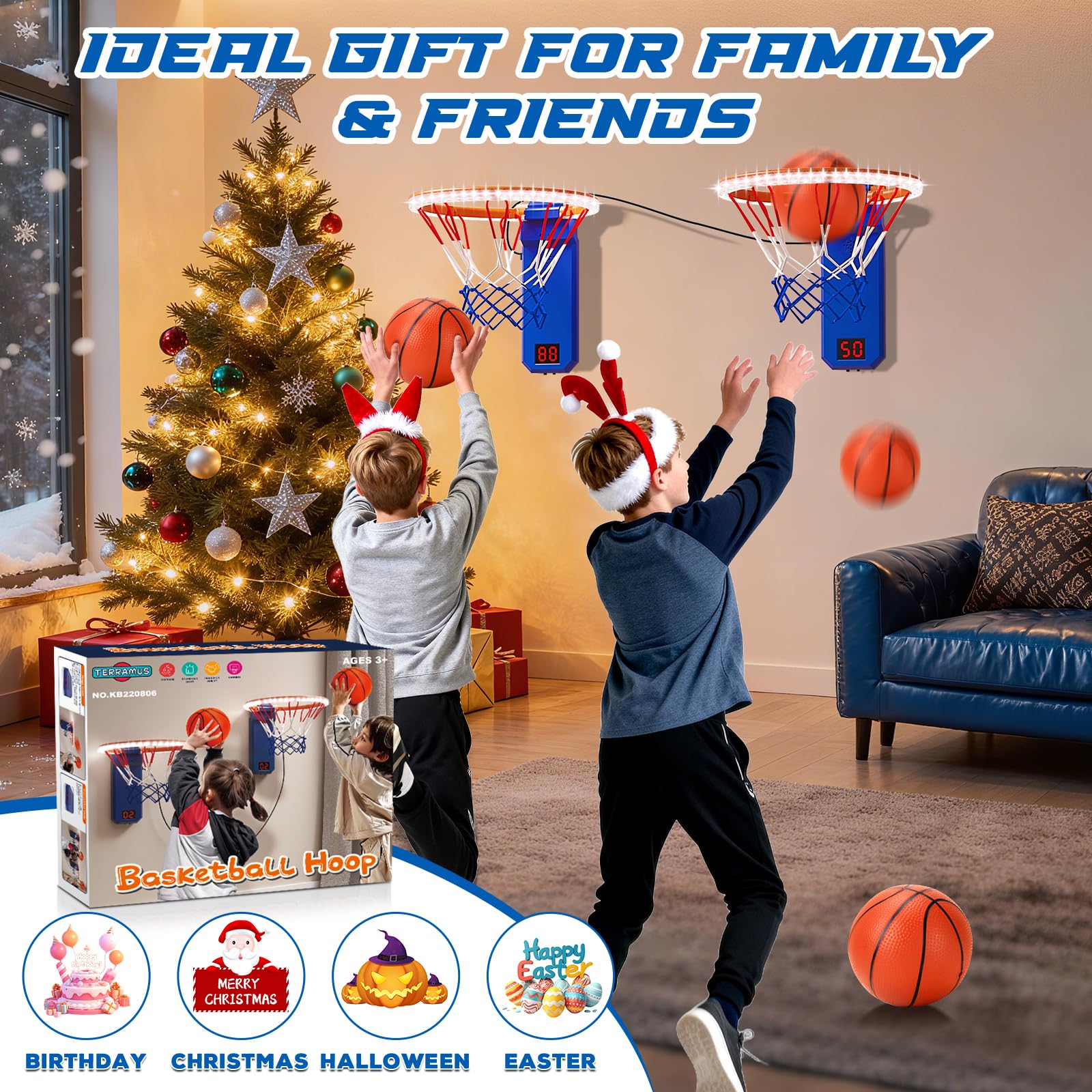 TERRAMUS Mini canasta de baloncesto, 2 canastas de baloncesto con marcador electrónico, aro interior de altura ajustable para niños, 4 pelotas, 1 bomba de aire, regalo para Navidad o cumpleaños