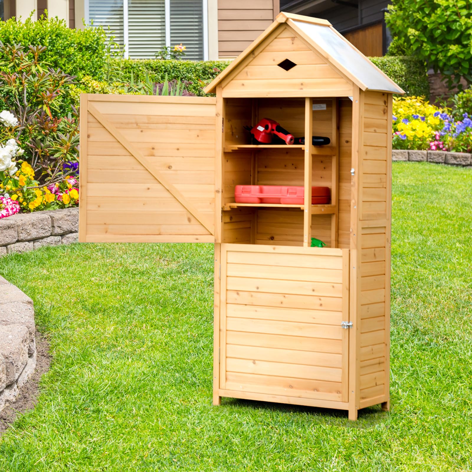 GOPLUS Abri de Jardin en Bois de Sapin 5 Étagère avec Porte Verrouillable, 70 x 45 x 160 CM, Cabane de Jardin Extérieur pour Outils, Toit Galvanisée Imperméable, Pieds Surélevé pour Terrasse, Naturel