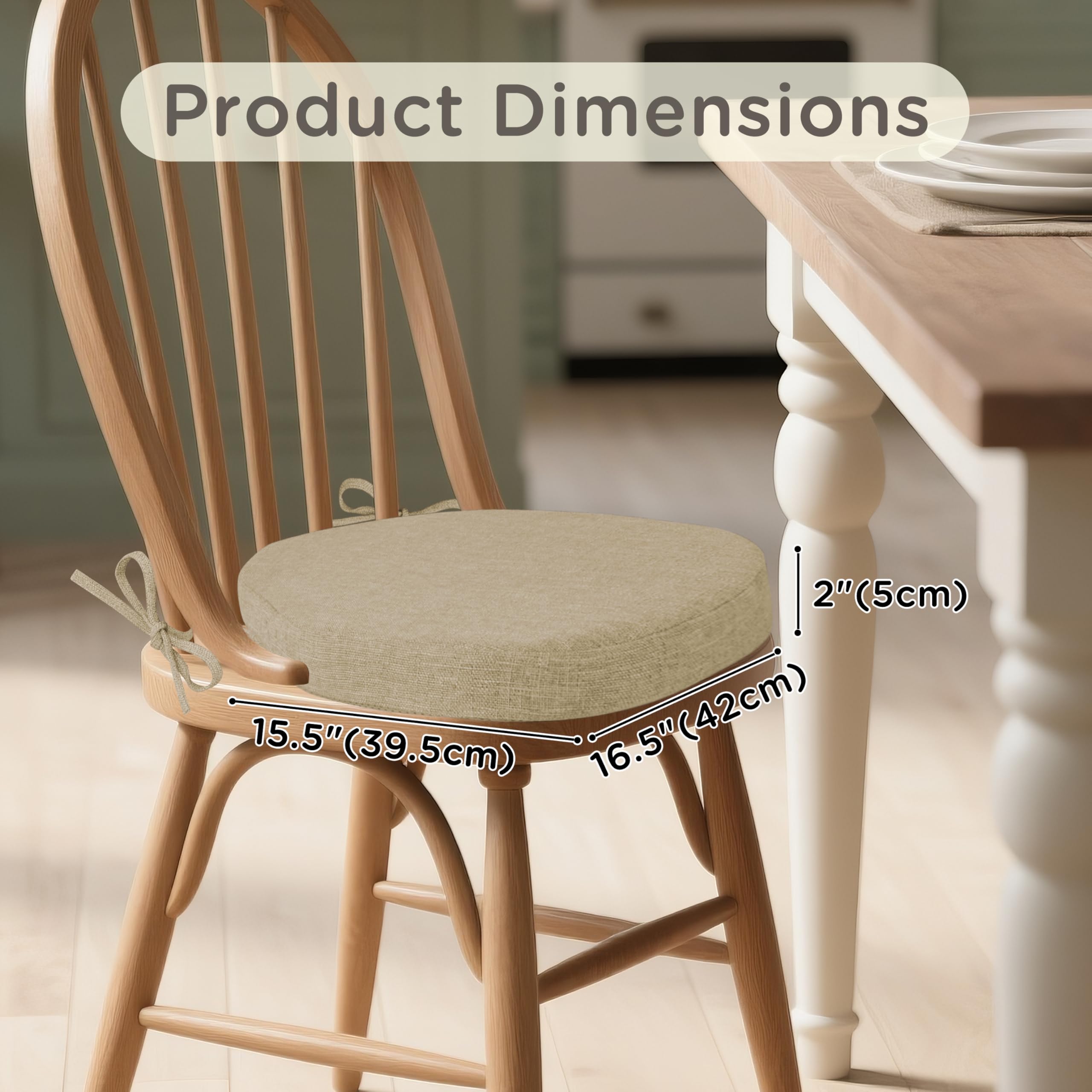 MineCozy Windsor Chair Cushions for Dining Chairs 4 Pack Non Slip Kitchen Seat Cushion with Ties and Washable Covers Indoor Comfortable Seat Pad with Thick Foam 16.5" x 15.5" x 2" Beige - Image 3