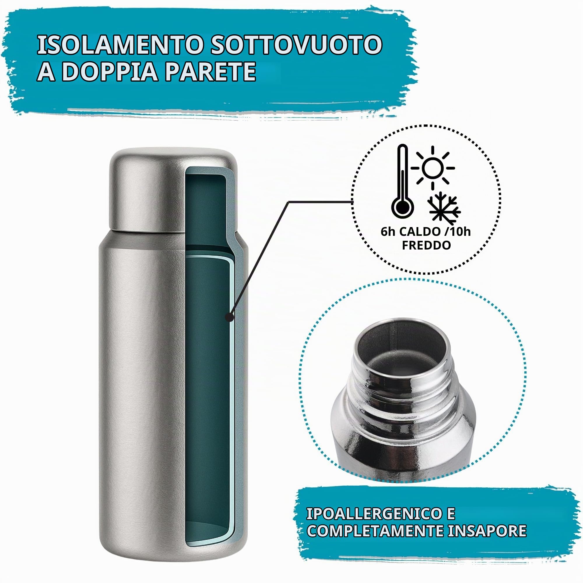 Thermos in titanio da 500 ml, ultra leggero e a doppia parete, isolato, 100% titanio, senza BPA, con tazza magnetica, colino da tè, custodia protettiva e spazzola per la pulizia, all'aperto