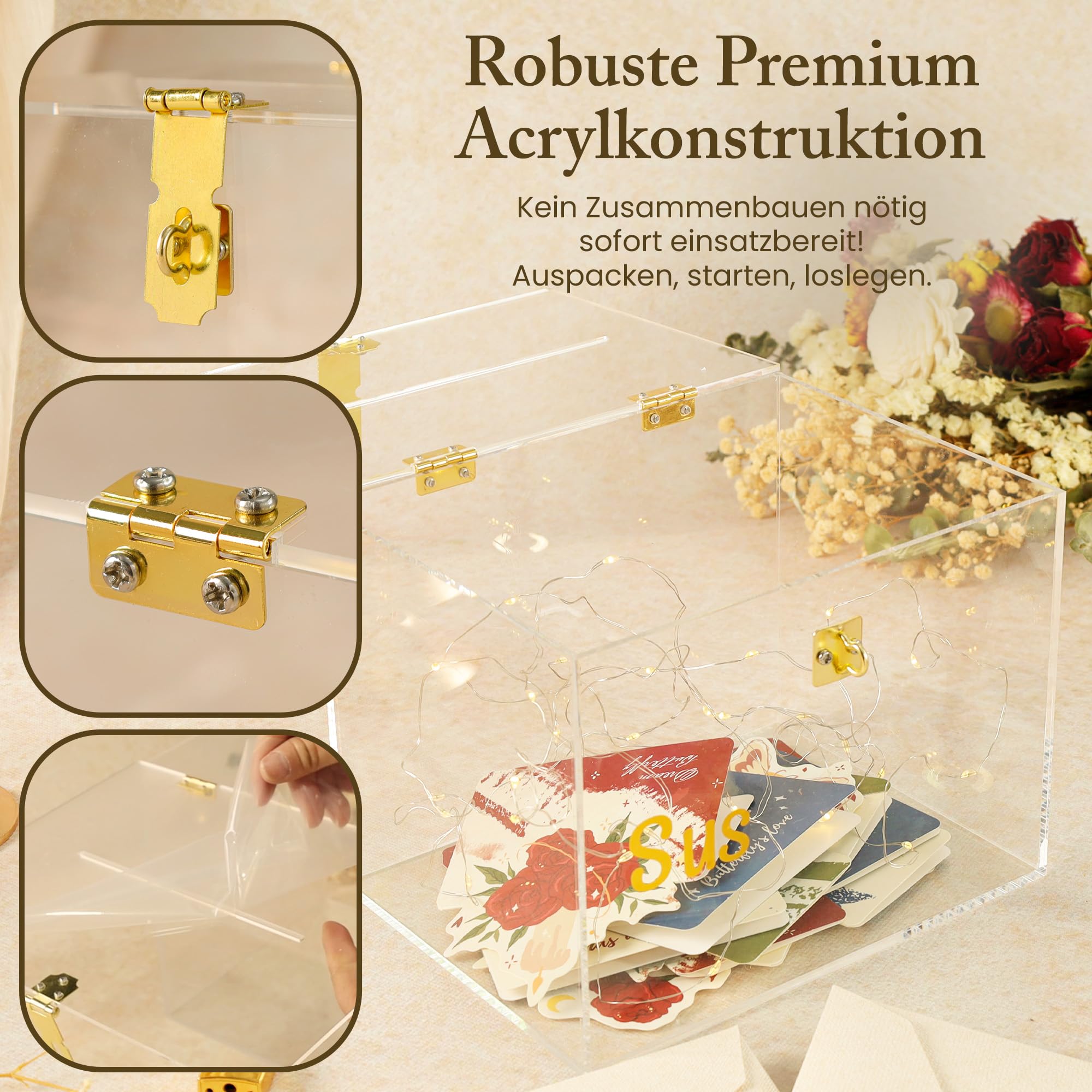 StarK Kartenbox Hochzeit – Elegante Acrylbox mit Schloss | Personalisierbar mit goldenen Buchstabenstickern inkl. Pinzette | Für Karten & Geldgeschenke, Geschenkbox Hochzeit