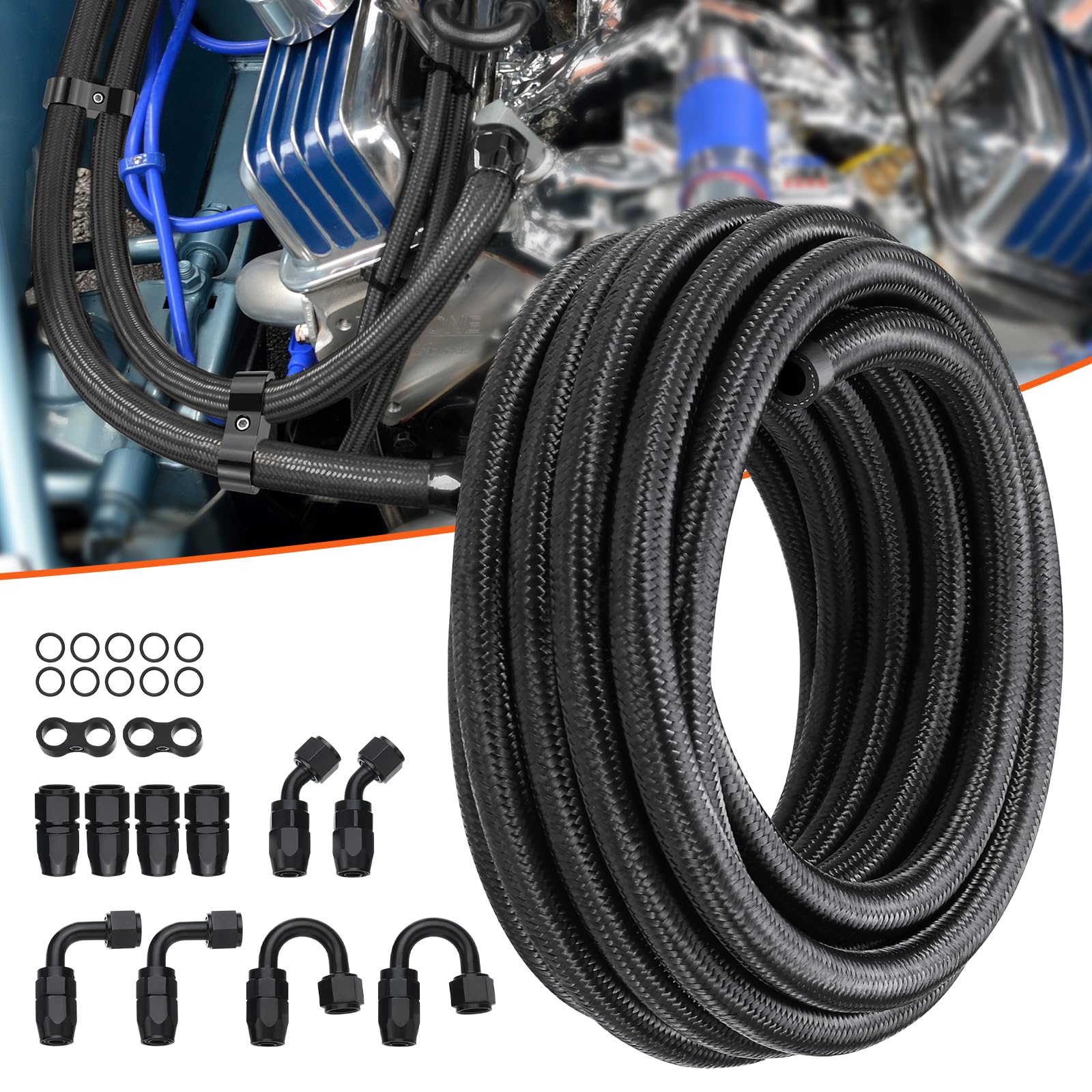 VEVOR 6AN Kit Tubo Carburante, Kit Tubo Carburante da 20 FT, Kit Raccordi Estremità Tubo Carburante in Nylon da 0,34" in Acciaio Inox per Olio/Gas/Diesel, con Kit Adattatore Raccordo 12 Pezzi, Nero