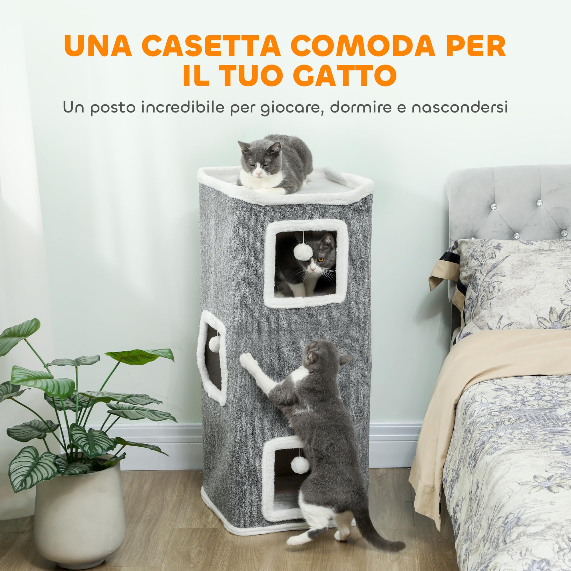 PawHut Torre per Gatti 4 Livelli 3 Casette 41x41x100 cm Grigio e Bianco | 3 Palline Giocattolo, Posatoio, Albero per Gatti, Tiragraffi, Truciolato Tessuto e Peluche