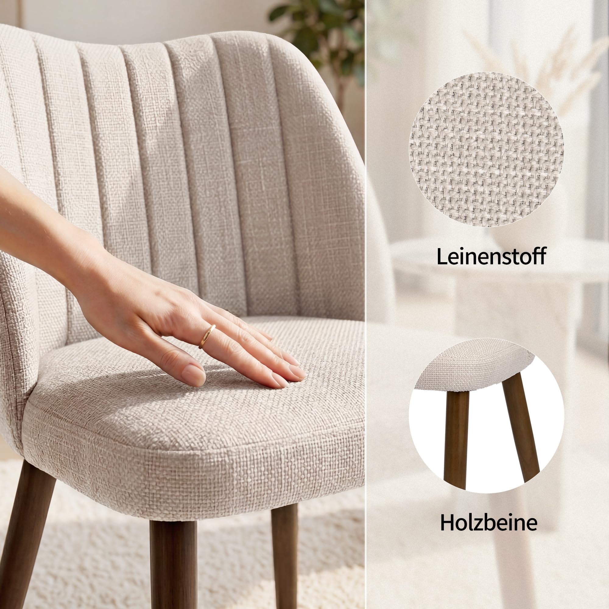 Duhome Esszimmerstuhl 2er Set Leinenstuhl Gepolstert mit Holzbeinen Modern Küchenstuhl für Esszimmer Wohnzimmer Küche, Beige