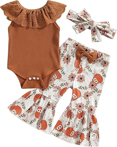 Miniatura 13 de Rtnnsbbfcm Ropa de verano para bebé recién nacida, con volantes, sin mangas, acanalado, mameluco de vaca, floral, pantalones acampanados, diadema