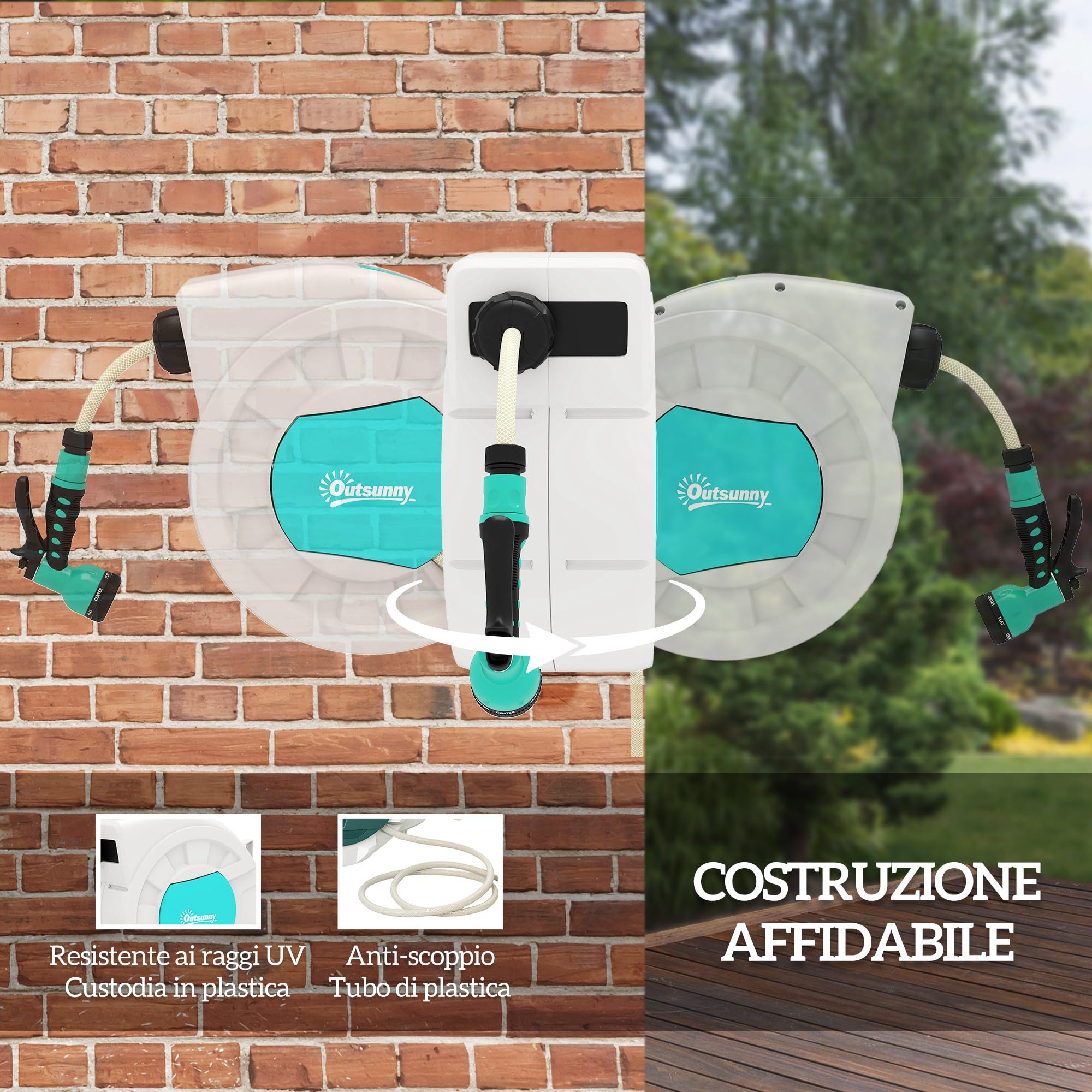 Outsunny Avvolgitubo da Giardino Retrattile con Tubo dell'Acqua 25+2 m, Avvolgitubo da Parete Girevole a 180°, Avvolgitubo Automatico con Blocco e 7 Getti per Irrigazione in PP, Verde e Grigio Chiaro