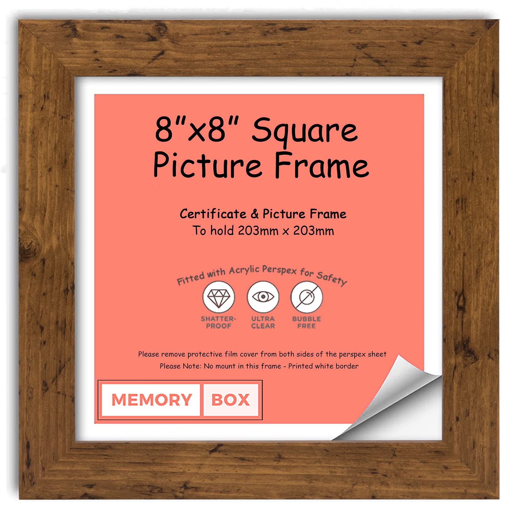 Memory Box Wrapped MDF Picture/Photo/Poster INSTAGRAM SQUARE frame with Real Glass - Moulding 30mm Wide and 15mm Deep - (20.3 x 20.3cm) Rustic 8" x 8"