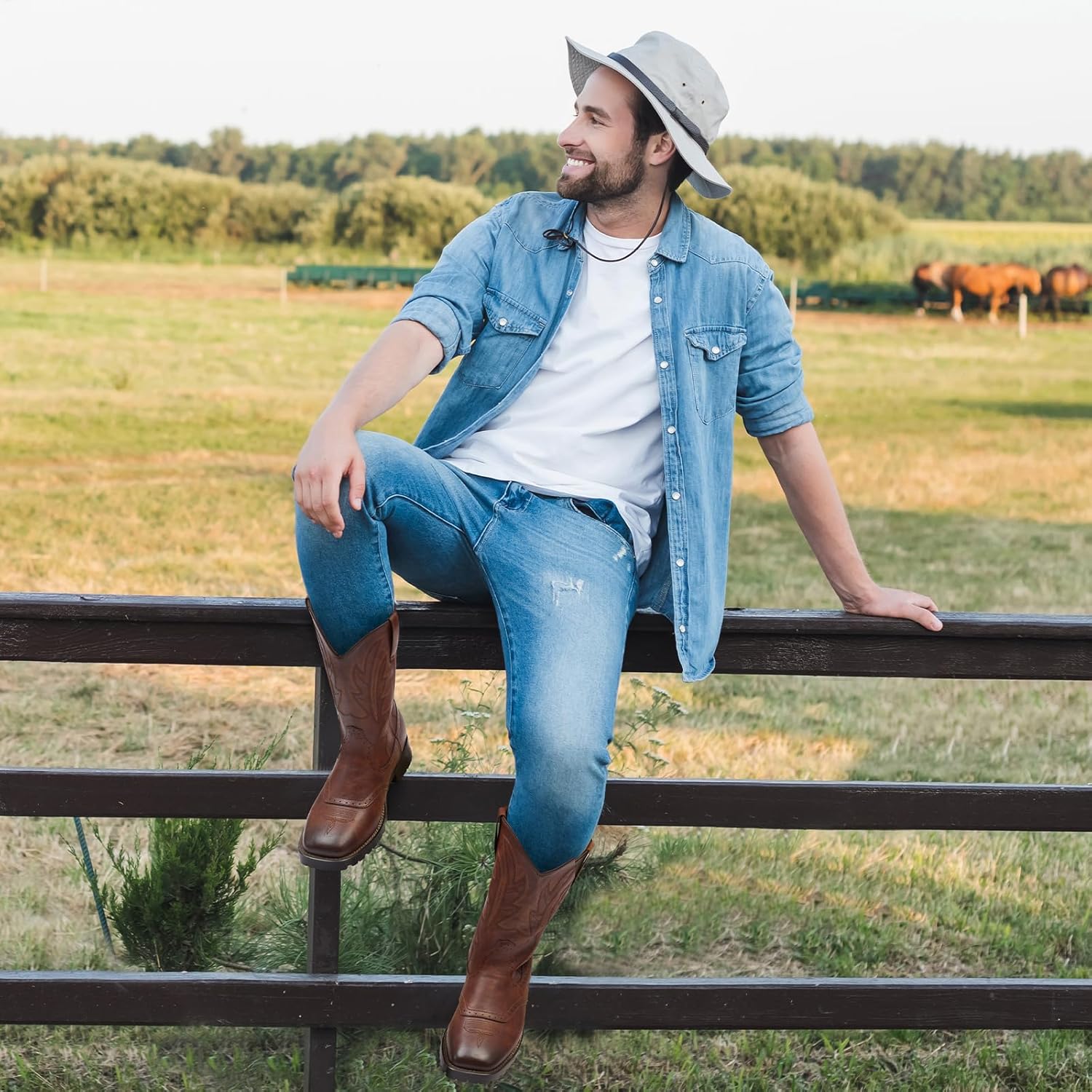 Rollda Cowboy Boots for Men Western Boots Men's Square Toe Chunky Heel Mid-Calf Boots Classic Embroidered Pull On Boots - Image 2