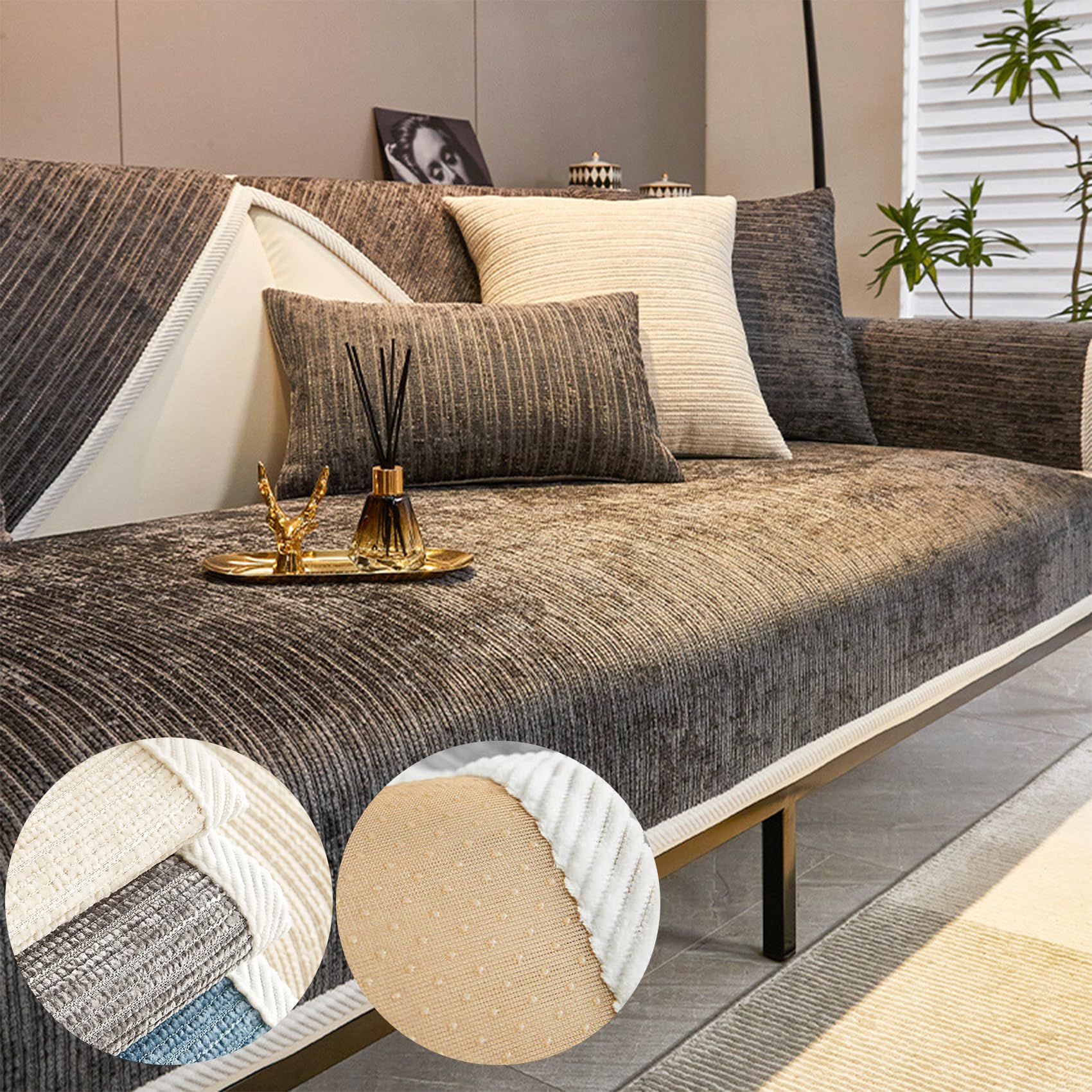 Cemssitu Dark Gray Chenille Sofa Covers, Simple Striped Chenille Anti-Scratch Couch Cover, Non Slip Sofa Covers For Dogs, Washable Furniture Protector Couch Cover For All Season (,70 * 180 Cm/27.6 * 70.9 In)
