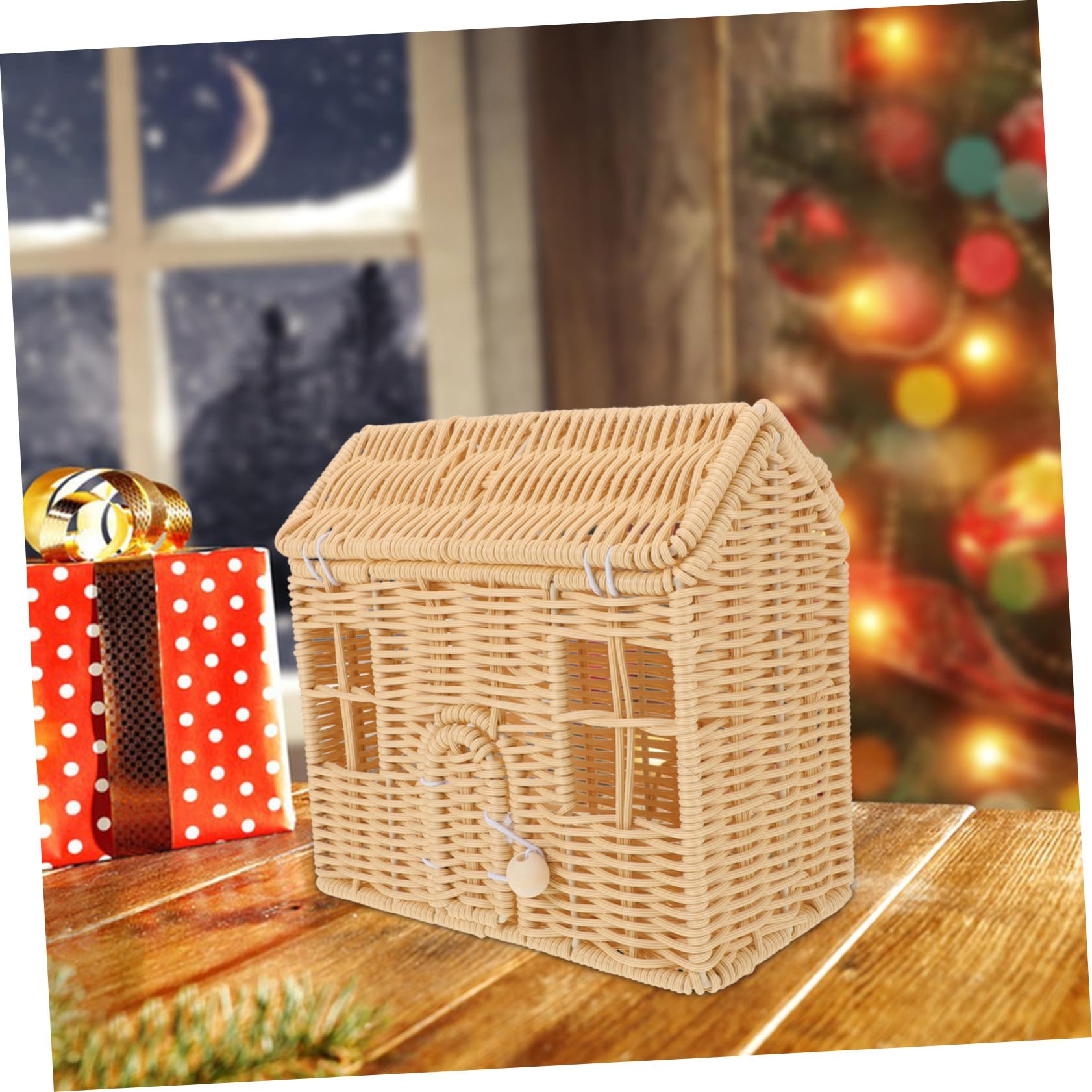 MAGICLULU Cesta de Dulces Navideña Tejida Mano Cesta de Ratán Sintético con Asa para Dulces y Regalos para Bodas Showers y Decoración Festiva