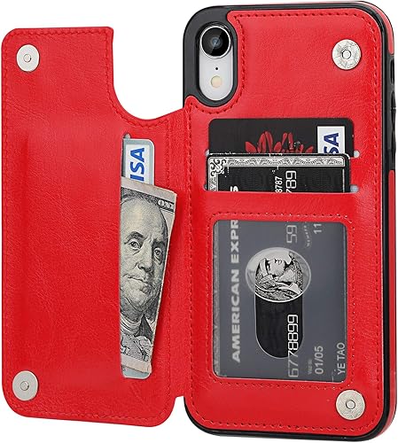 OT ONETOP Funda tipo cartera para iPhone XR con soporte para tarjetas, piel sintética de alta calidad, ranuras para tarjetas, doble cierre magnético