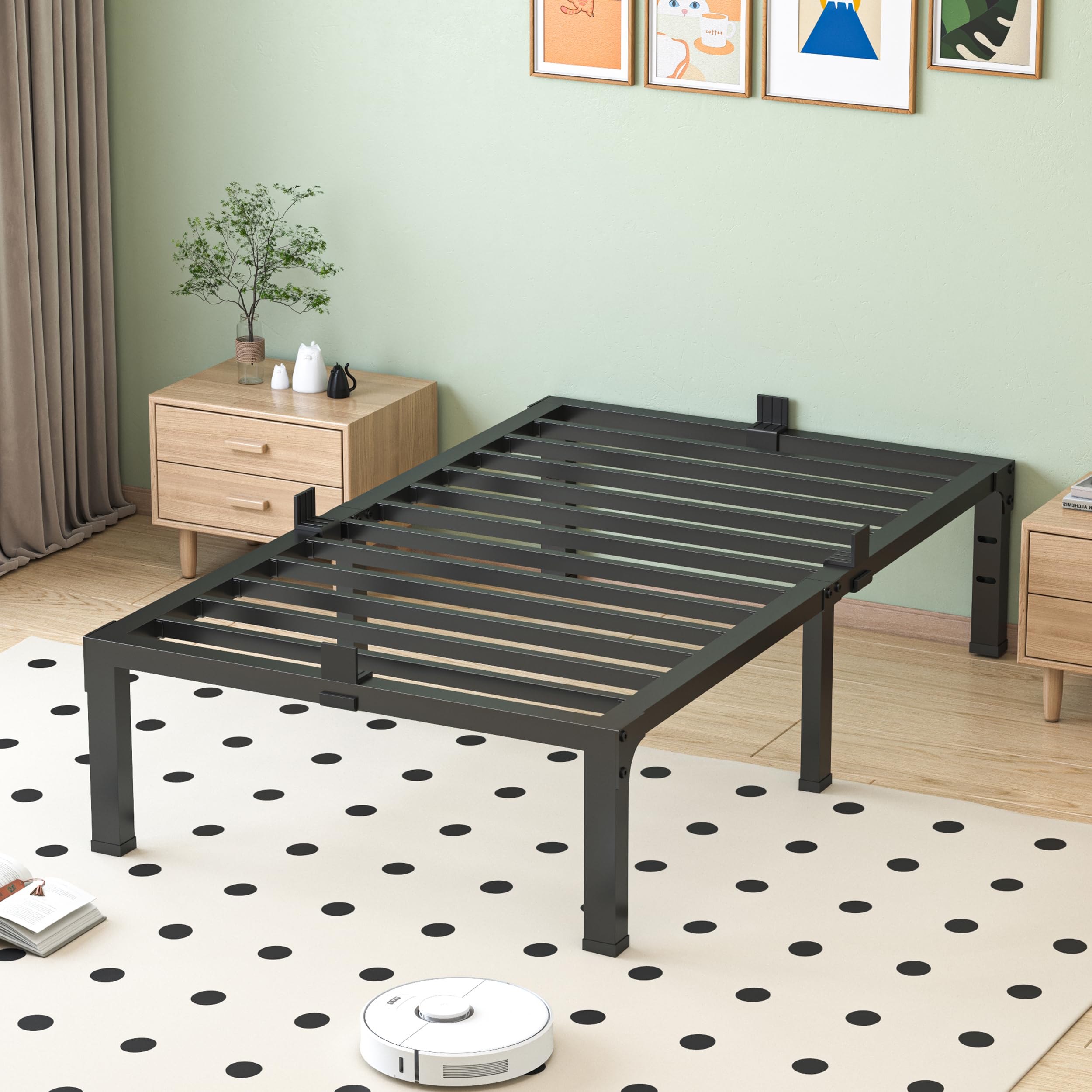 NKZ Twin Bed Frame, 14 Inch Heavy Duty Metal Platform with Mattress Slide Stopper, Steel Slat Support Noise Free, Non-Slip, No Box Spring Needed, Easy