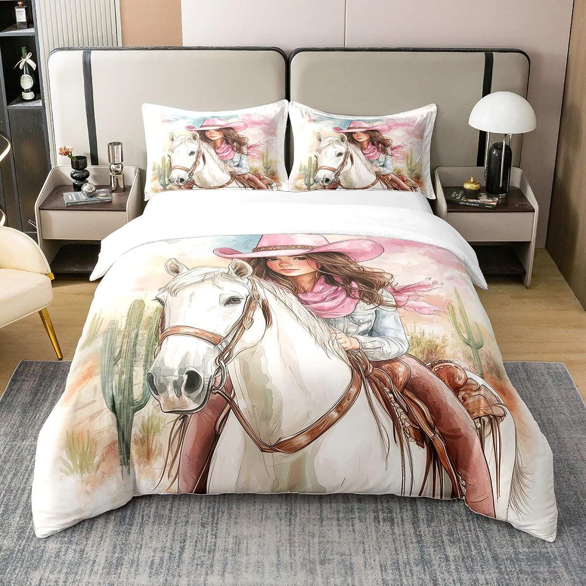 3 Pieces Cowgirl Cotton Duvet Cover Sets(NO Comforter),Western White Horse Comforter Cover for Kids Adults Bedroom Decor,Pink Cartoon Hats Bedding Set,Natural Tropical Cactus Quilt Cover,King