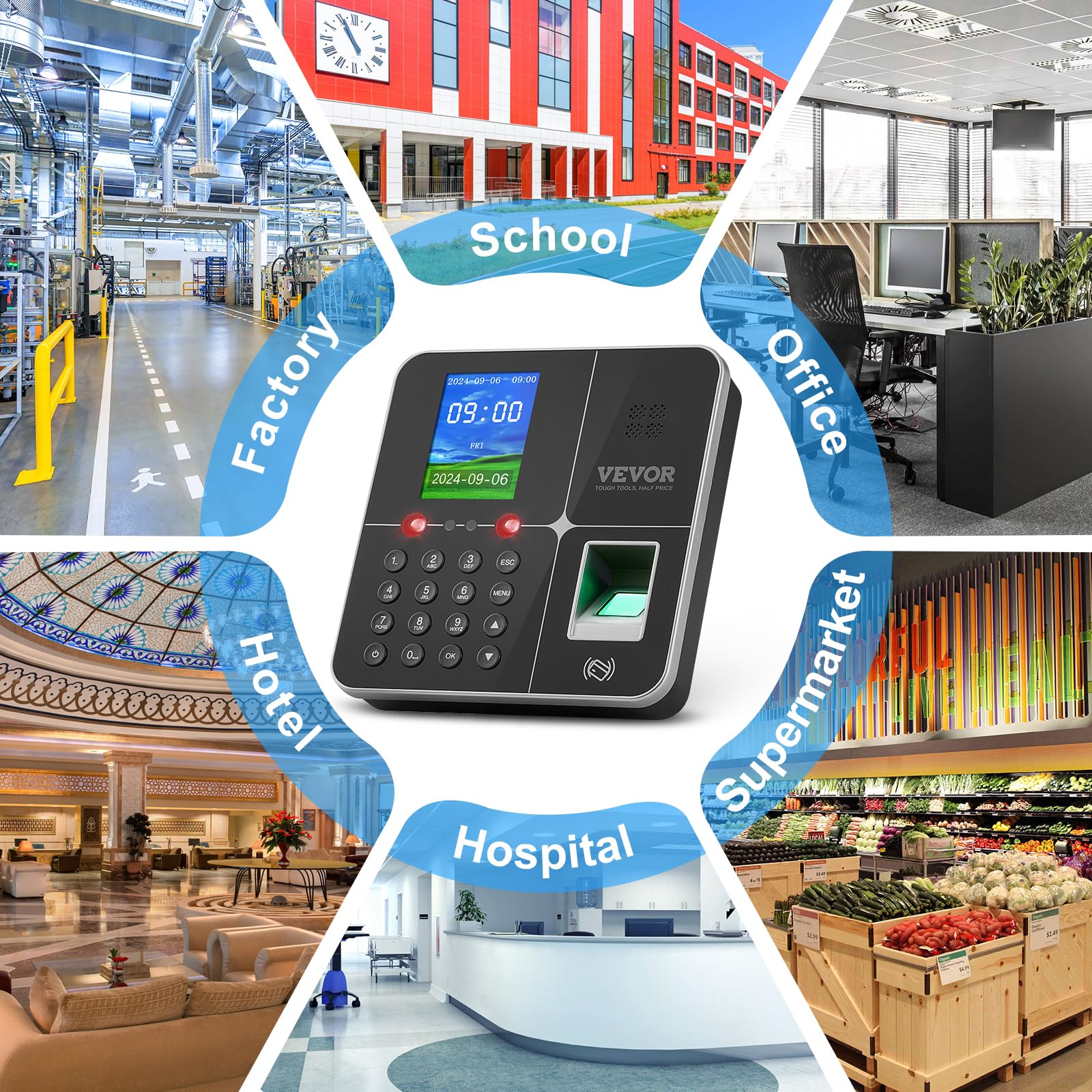 VEVOR Macchina Biometrica per Rilevazione delle Presenze dei Dipendenti con riconoscimento facciale, Impronta Digitale, Carte RFID e Immissione PIN, Orologio Biometrico Indipendente, Supporta 5 Lingue
