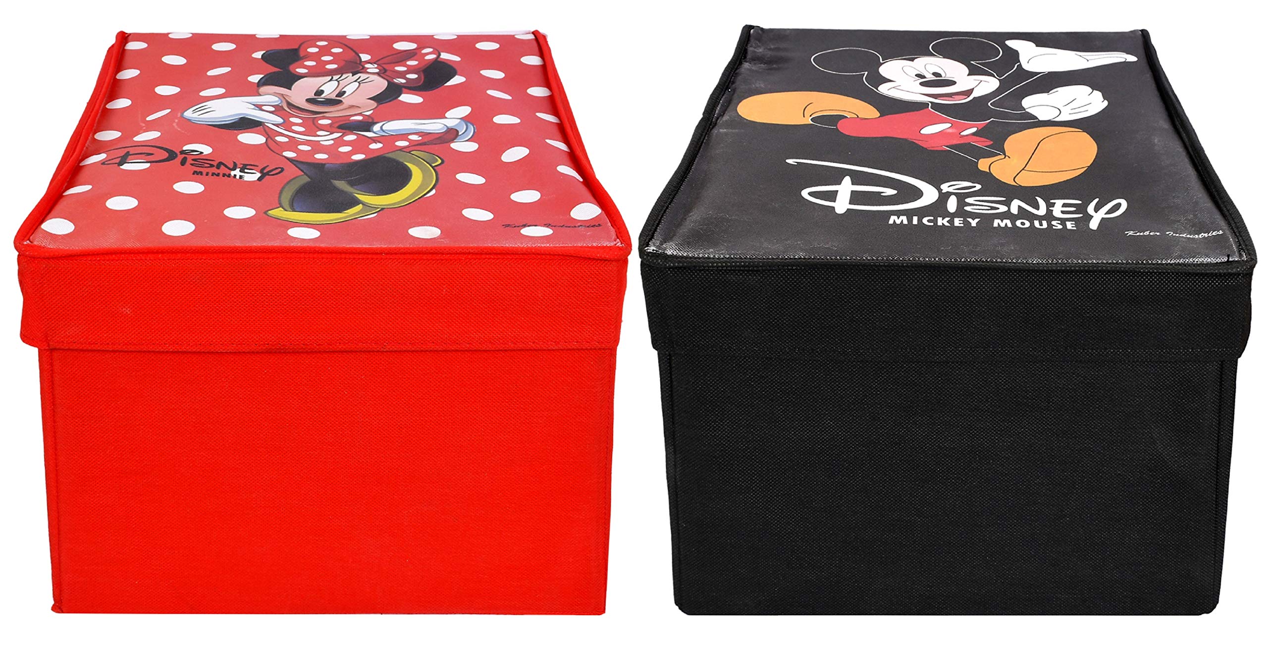 Kuber Industries Disney Mickey Minnie Mouse Print Non Woven Fabric Foldable Cloth Storage Wardrobe Organiser Box with Lid (Black & Red, Extra Large, 2 Pieces)-KUBMART1730