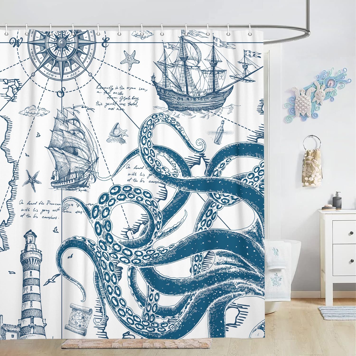 Funny Nautical Octopus Shower Curtain, Cool Coastal Ocean Beach Fabric Shower Curtains Set for Mens Boys Kids Bathroom Decorative, Fun Navy Blue White Restroom Decor Accessories 72X 72 Inch image 2