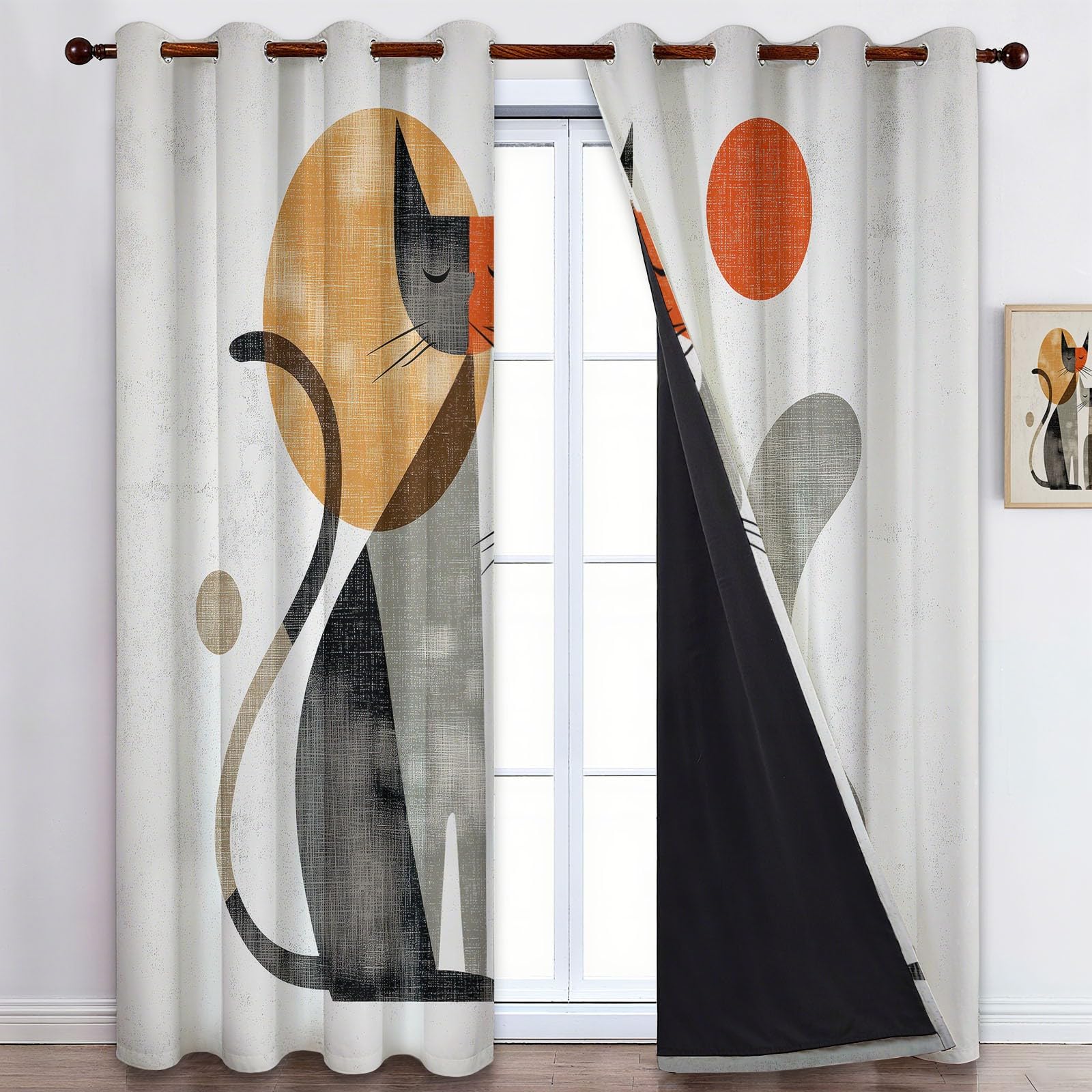 Tende oscuranti moderne per il Medioevo astratto con due gatti, 228 cm, colore beige, isolamento termico, con occhielli, per camera da letto e soggiorno, 2 pannelli, totale 234 x 229 cm