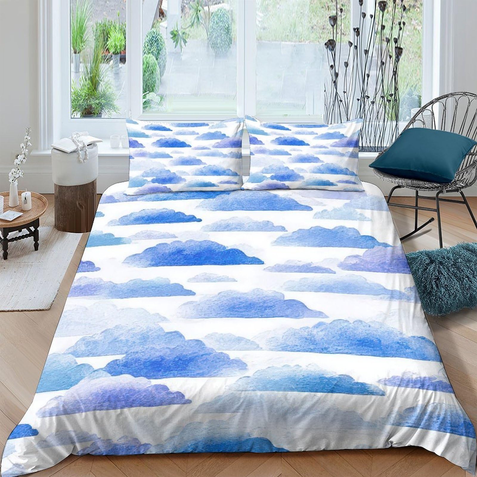 GPLZQXKJNH 3D Printed Blue Watercolor Clouds Duvet Cover Set Microfiber Soft Breathable Sky Pattern Bedding with 2 Pillowcases for Home Bedroom Single（135x200cm）