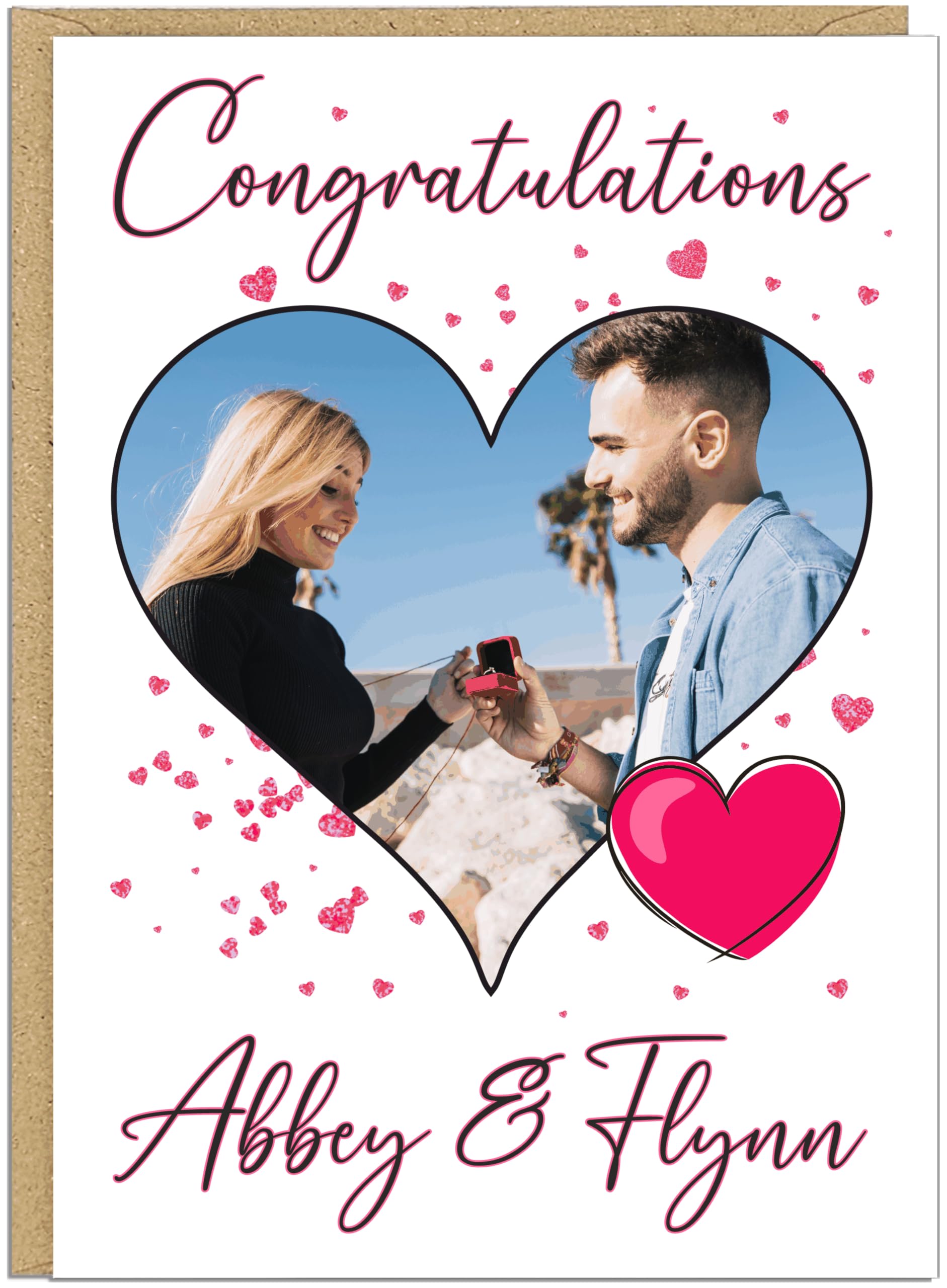 Couples Personalised Engagement Photo Cards - Colour Choice and Own Text Custom Heart Photo Upload Congratulations Card - For Him For Her Celebration Keepsake Engaged Gift, Pink