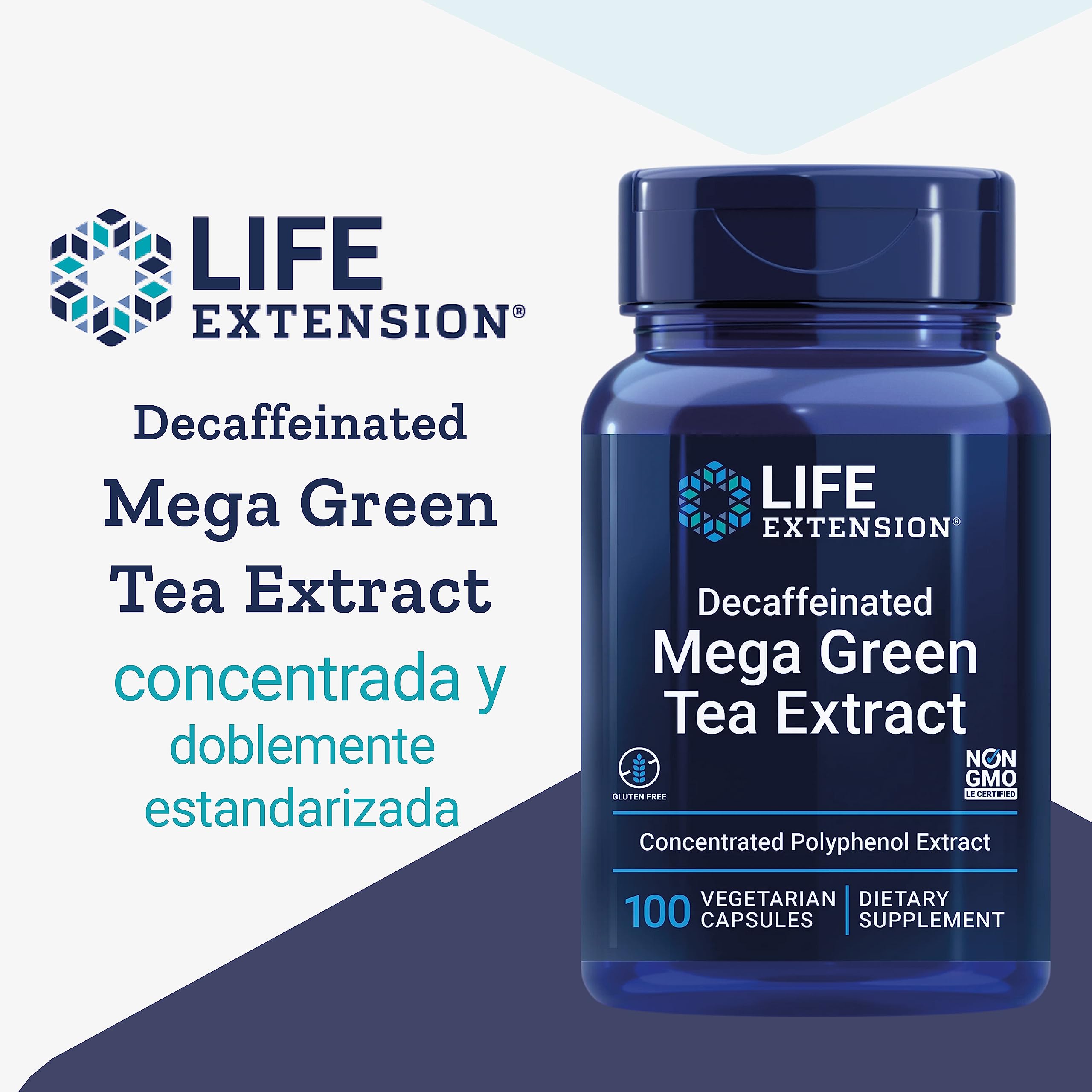 Life Extension, Mega Green Tea Extract, 725mg, Descafeinado, 100 Cápsulas veganas, Probado en Laboratorio, Vegetariano, Sin Gluten, Sin Soja, No GMO