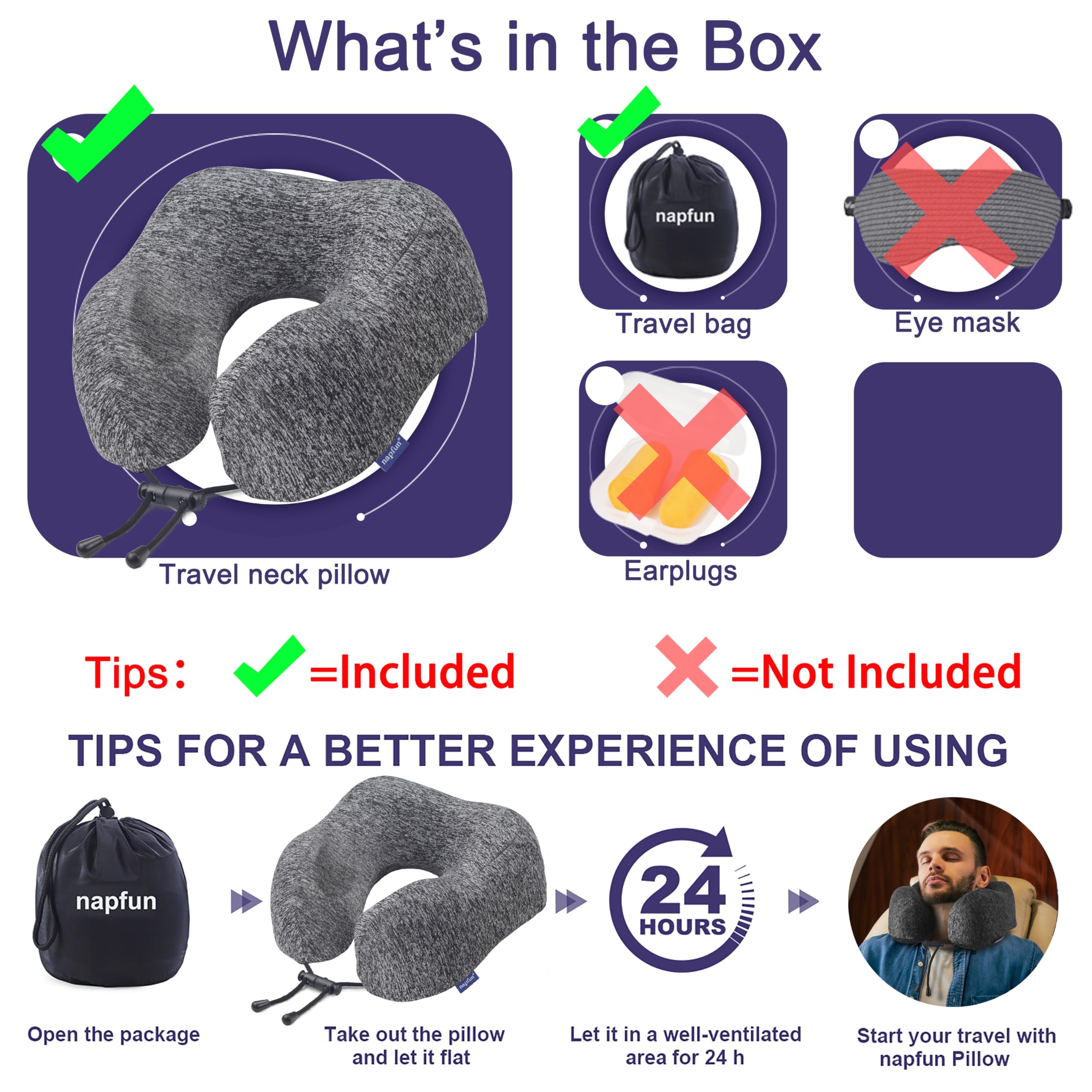 napfun Neck Pillow for Travel, Memory Foam Airplane Pillow, Full Grey view 6