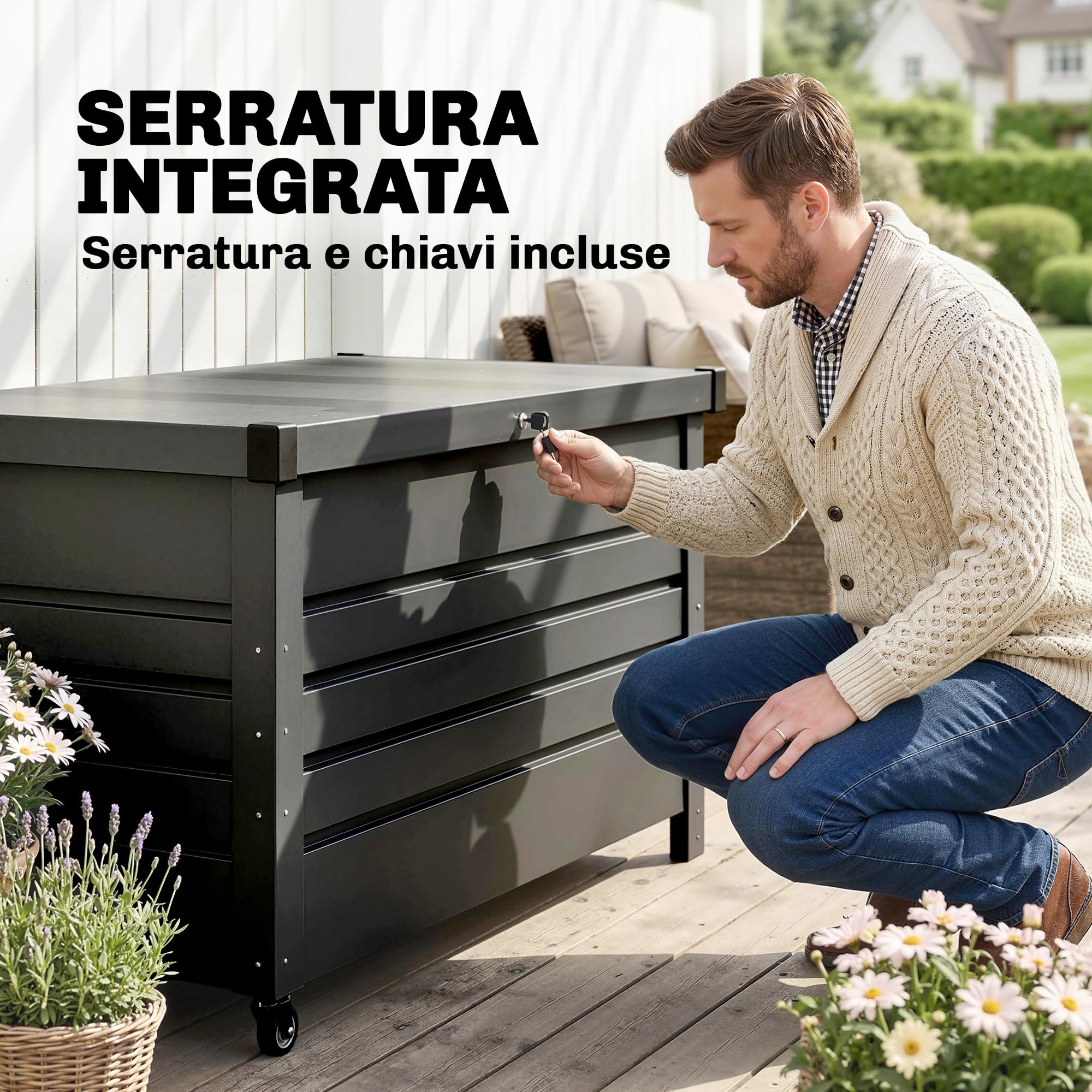 Outsunny Baule da Esterno 350L Acciaio Rinforzato con Coperchio Bloccabile, Pistoni a Gas, Ruote, Grigio