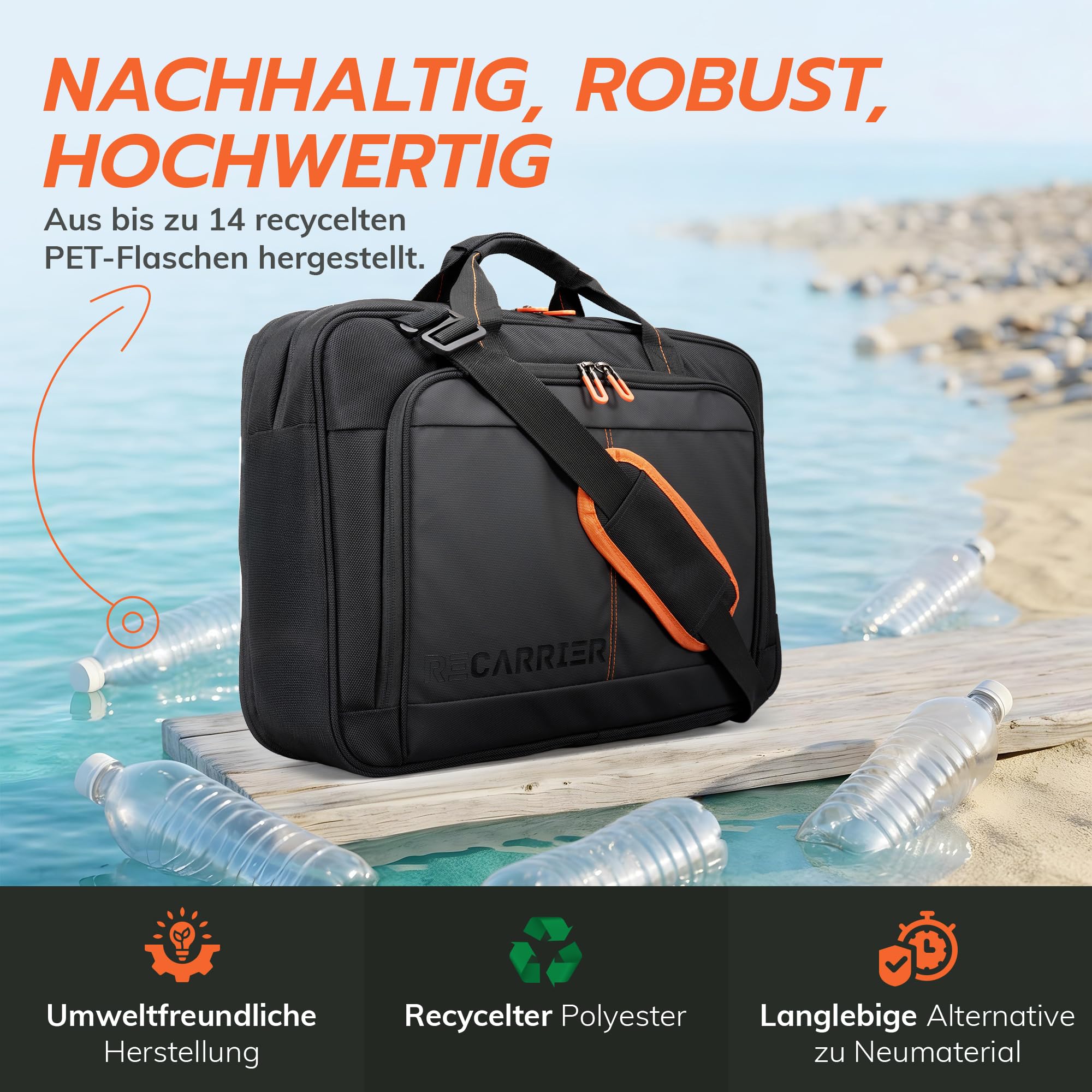 WorkBag Laptoptasche 18 Zoll aus recyceltem PET – Wasserabweisende Laptop Tasche Business Aktentasche mit Schultergurt – Große Notebook Tasche für Arbeit, Büro & Reisen