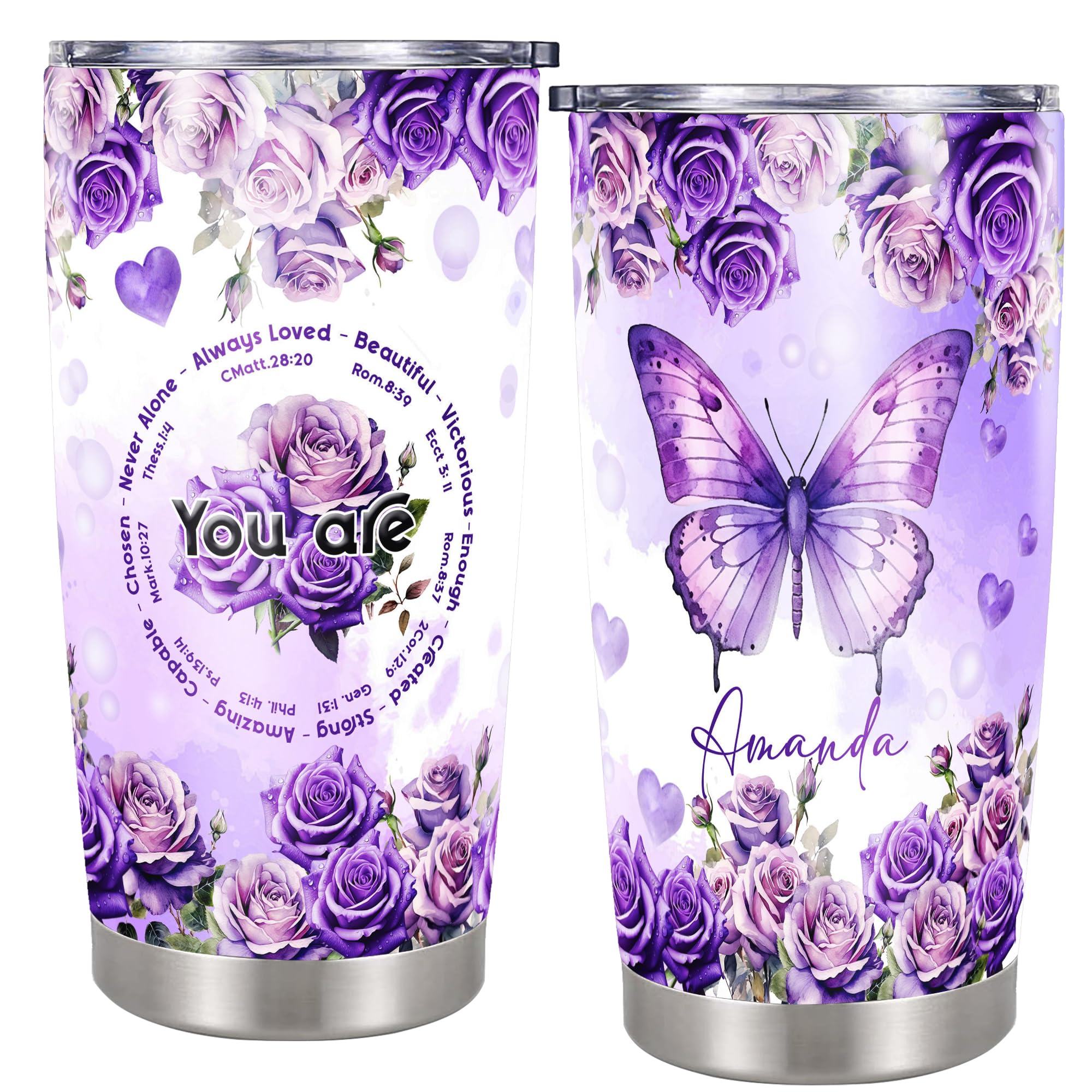 Dorric Personalized Christian Tumbler Purple Butterfly Travel Coffee Mug Insulated Cup with Lid Stainless Steel 20 30 oz Religious Gifts for Women