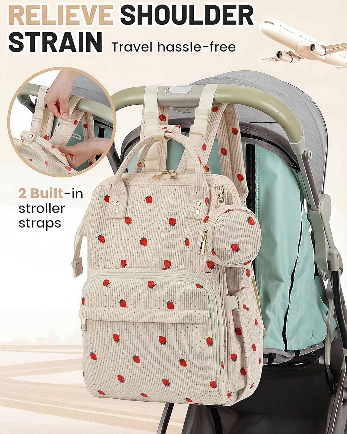 Corduroy Diaper Bag Backpack, Large Capacity Multifunction Baby Diaper Bags for Women, Insulated Bottle Pockets & Pacifier Case, Stylish Travel Nappy Changing Bags for Mom Dad (Strawberry)
