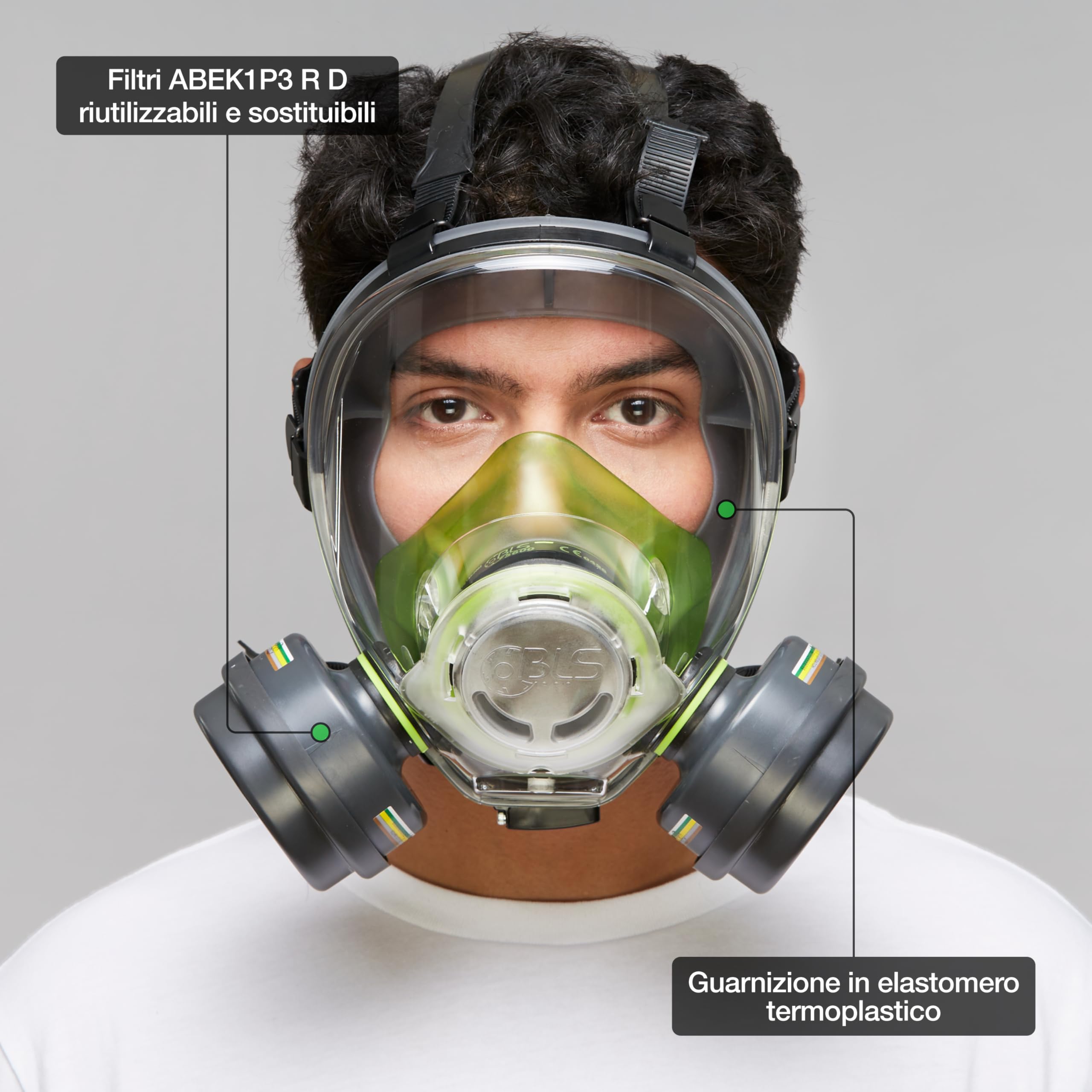 BLS 5600 con filtri 222 ABEK1P3 R D Maschera Intera con Guarnizione in TPE e 2 Filtri Sostituibili 222 ABEK1P3 con Attacco a Baionetta b-lock. Per Gas/Vapori, Polveri Tossiche, Acidi e Ammoniaca