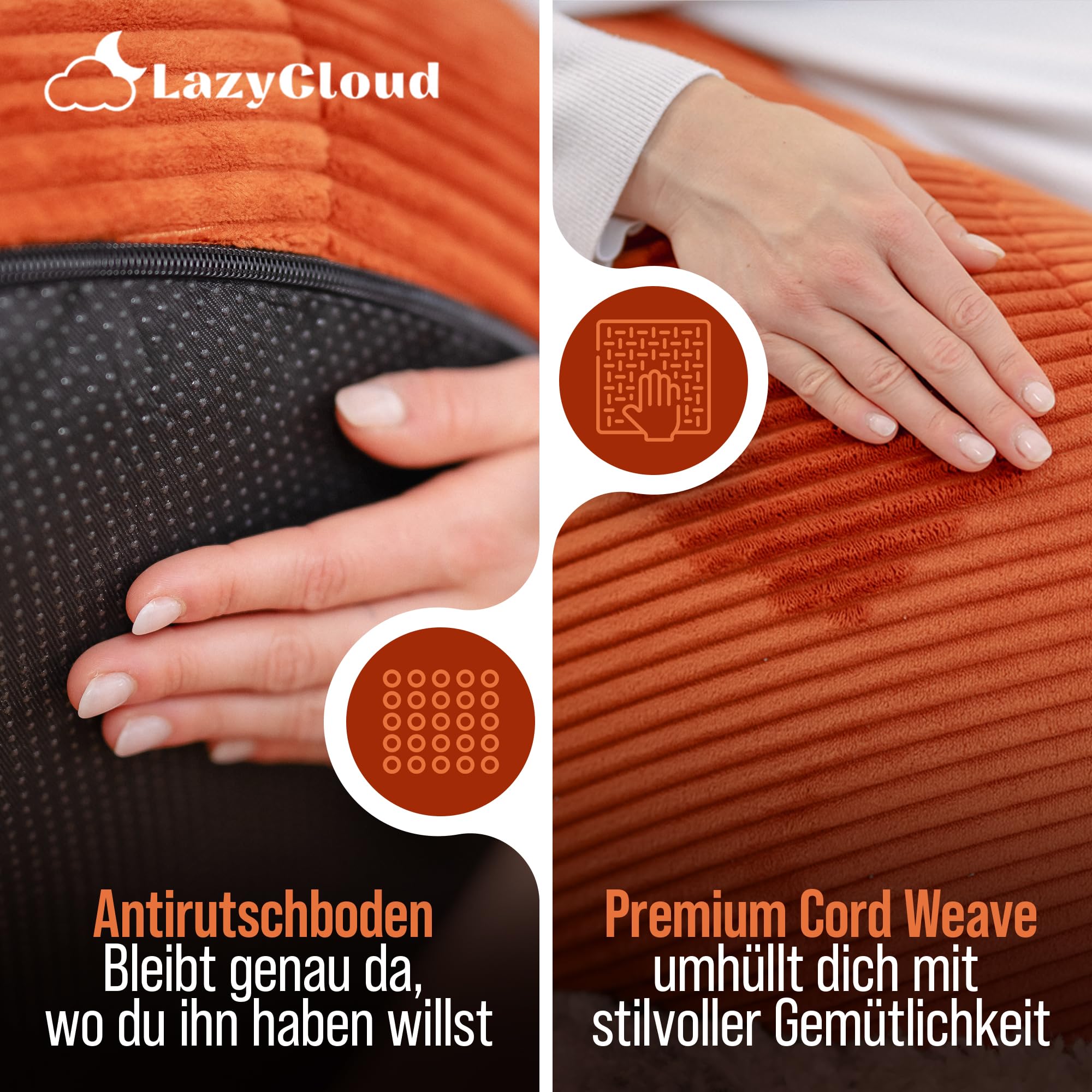 Sitzsack für Erwachsene mit integrierter [Nackenstütze] Cord | XXL Indoor Bean Bag mit Füllung | perfekt als Chill-, Lese- oder Gaming Sessel (90 x 80 x 70 cm) (Korallrot)