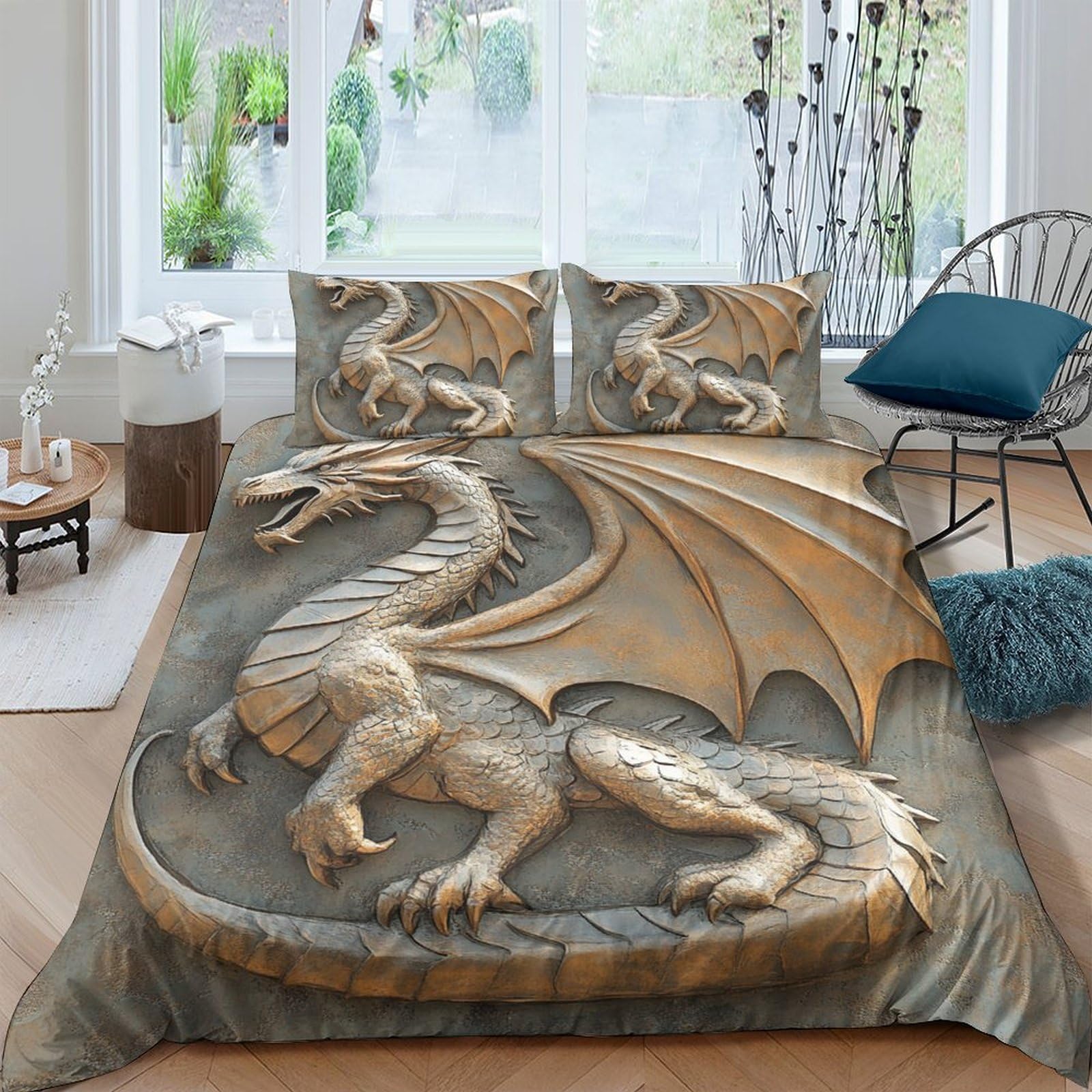 Ctjqhvkz Style-1 3D Printed Golden Dragon Fitted Sheet Microfiber Soft Non Slip Medieval Sculpture Bed Cover Bedroom Decor Single（135X200cm）